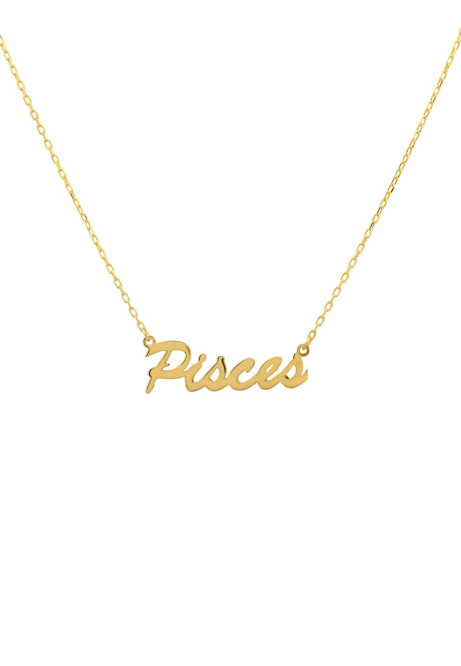 Gold Pisces Zodiac Star Sign Name Necklace, elegantly crafted with a delicate script design, perfect for layering or as a personalized gift.