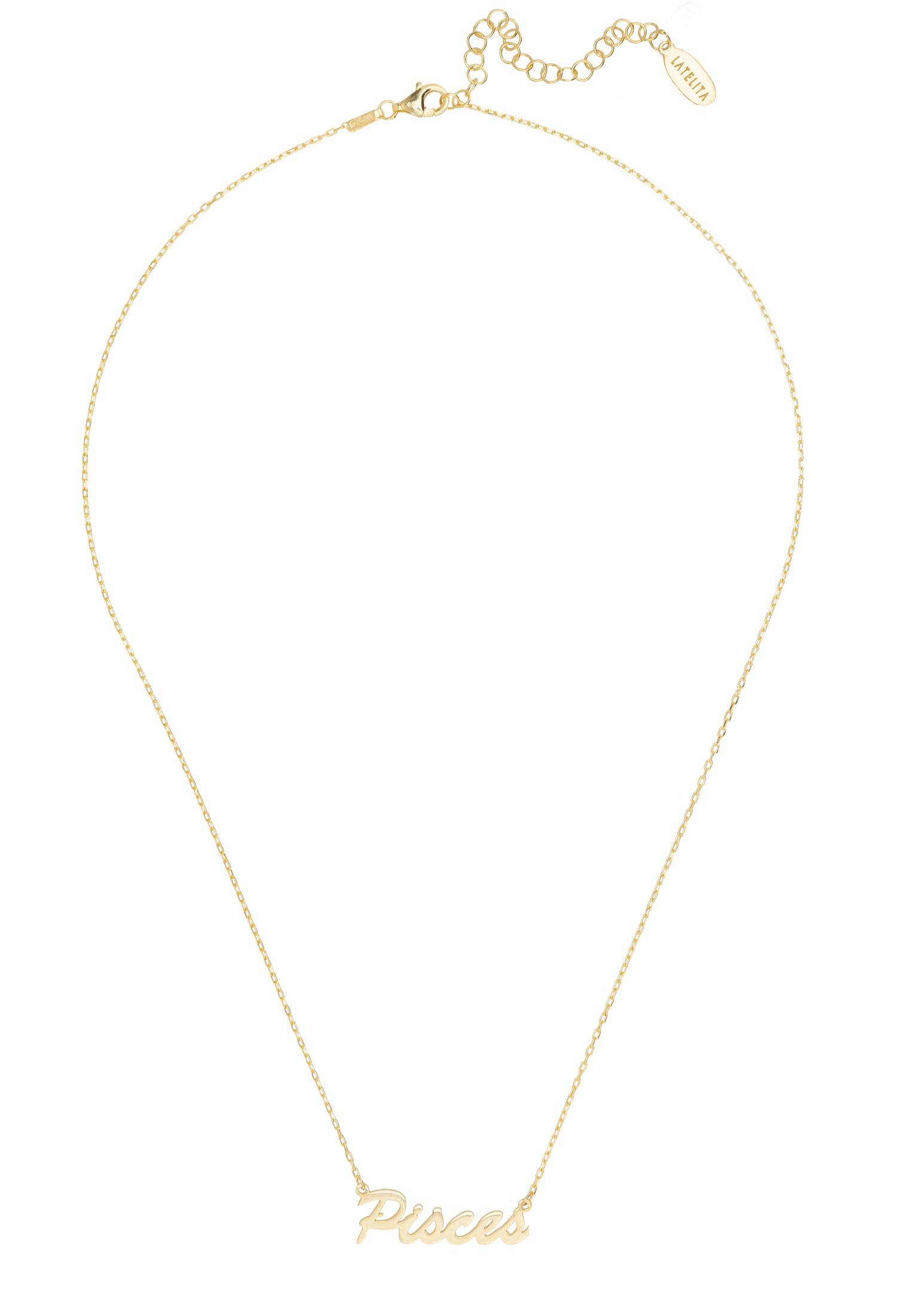 Gold Pisces Zodiac Star Sign Name Necklace, elegantly crafted with a delicate script design, perfect for layering or as a personalized gift.