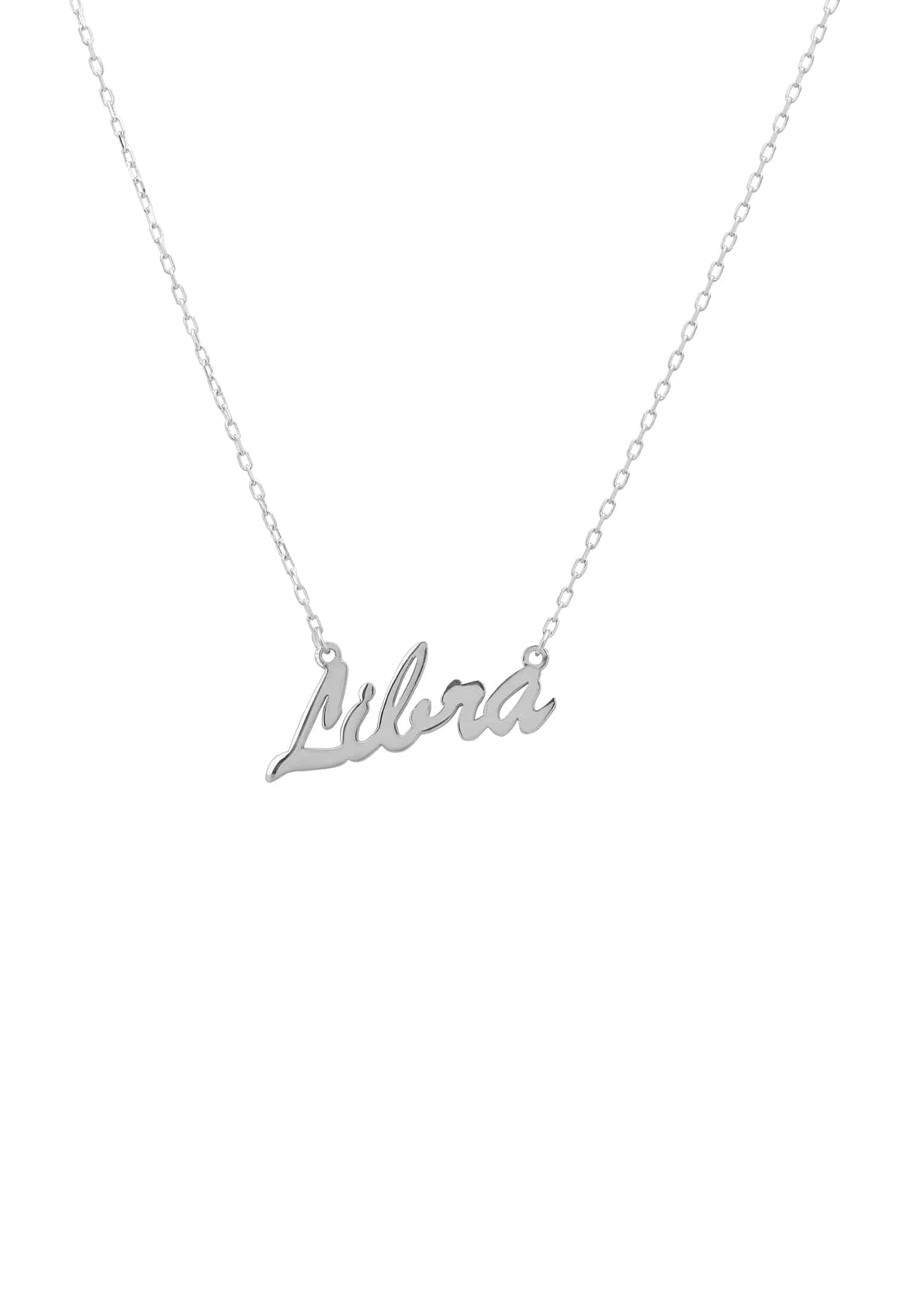 Silver zodiac star sign name necklace featuring the Libra symbol, elegantly designed for stylish layering.