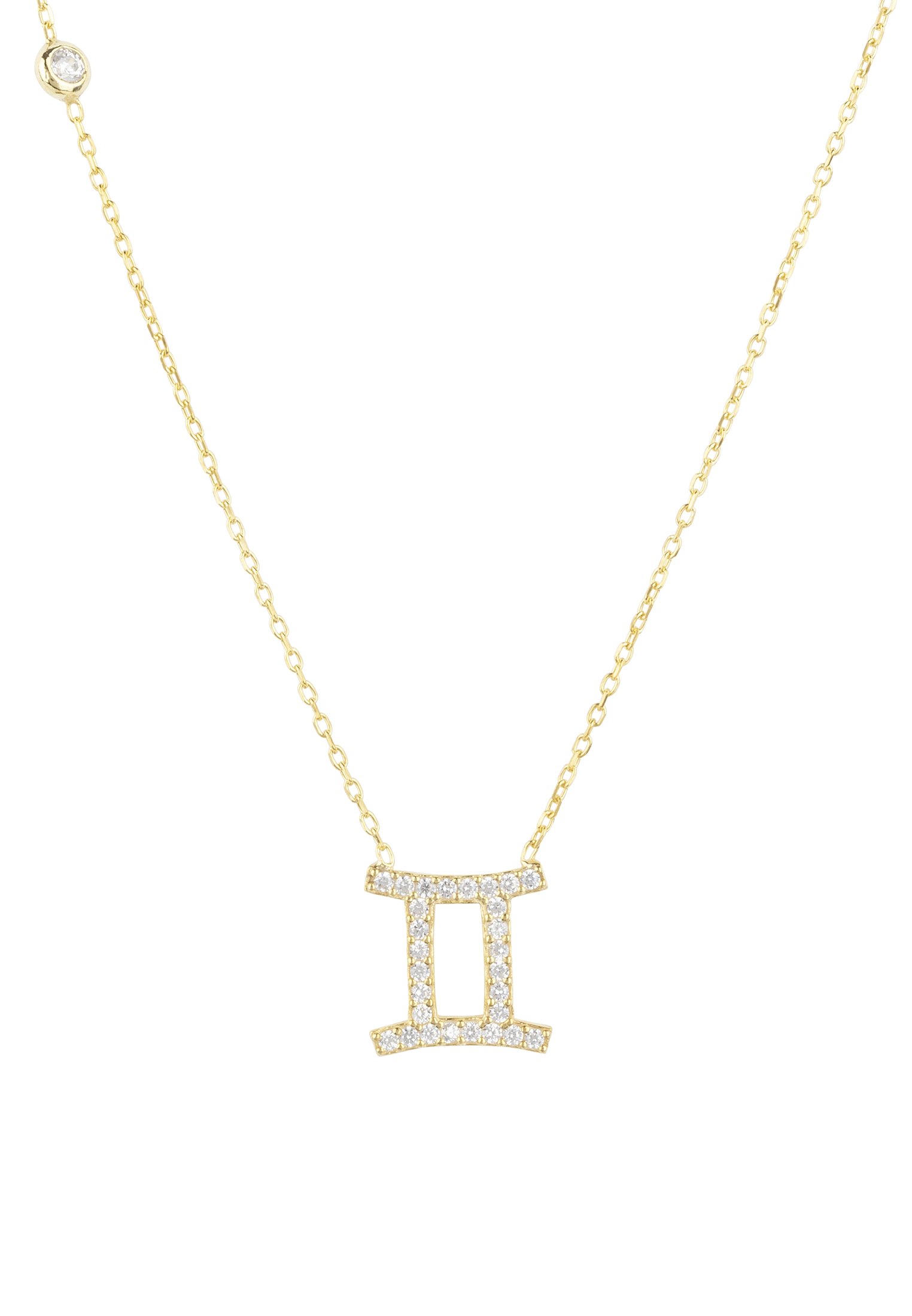 Gold Gemini Pendant Necklace made of 925 sterling silver, adorned with white zircons, featuring an adjustable chain.