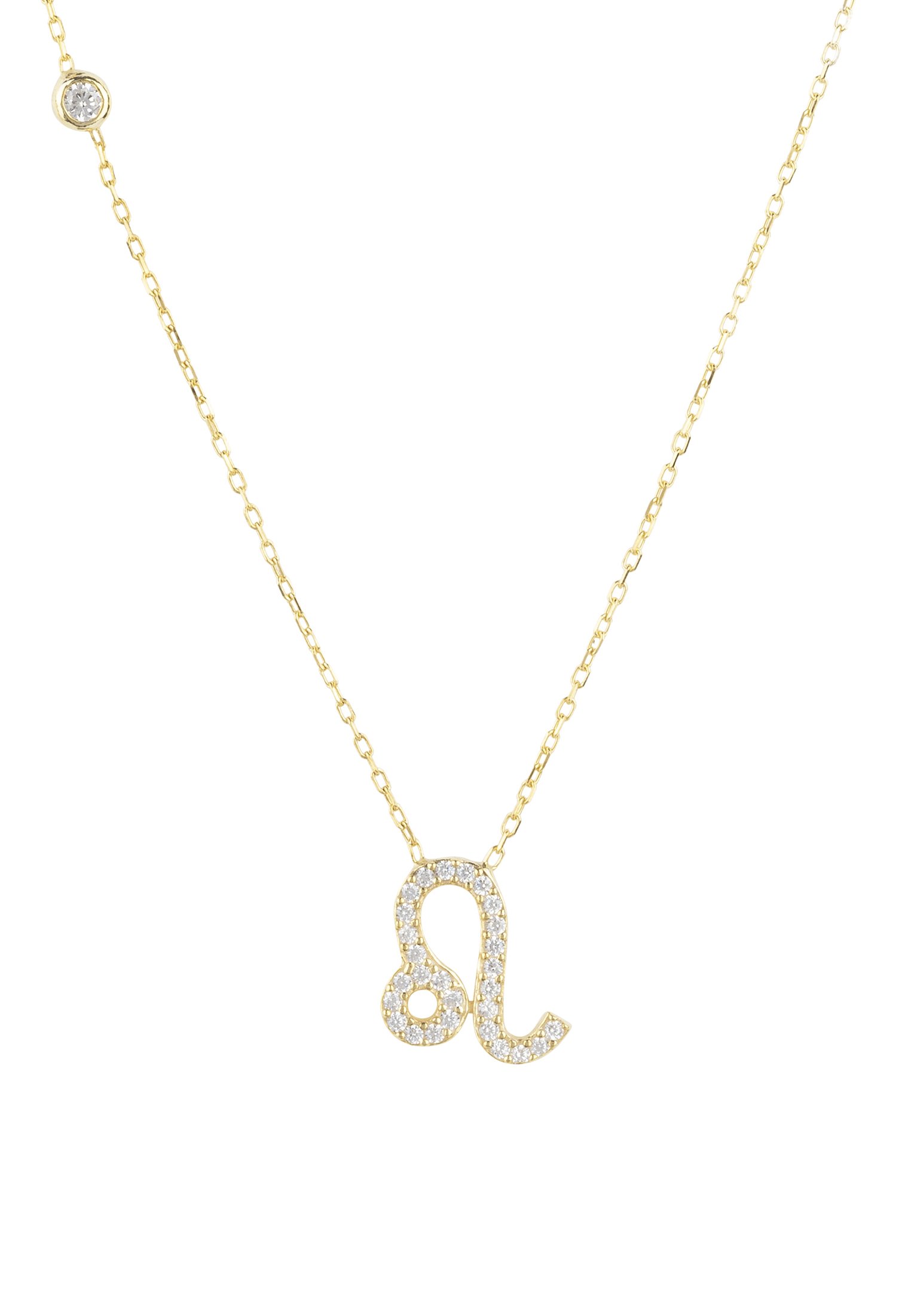 Gold Leo Zodiac Star Sign Pendant Necklace with white zircons, adjustable chain, and lobster clasp.