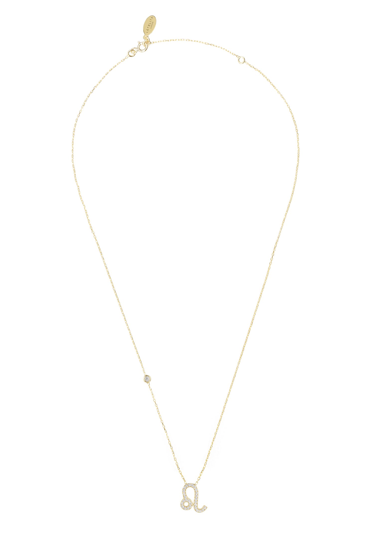 Gold Leo Zodiac Star Sign Pendant Necklace with white zircons, adjustable chain, and lobster clasp.