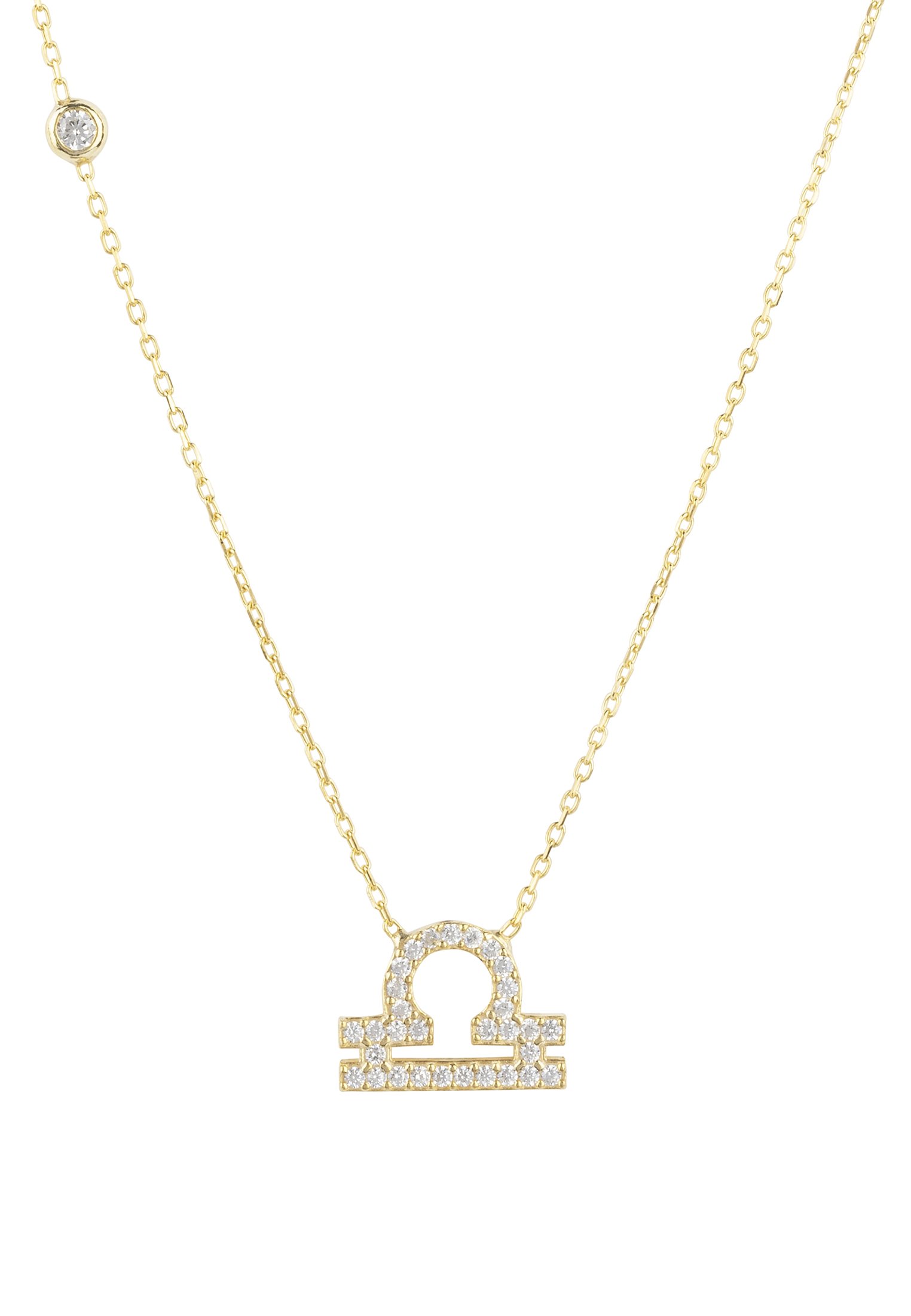 Gold Libra Pendant Necklace made of 925 sterling silver, adorned with white zircons, featuring an adjustable chain.