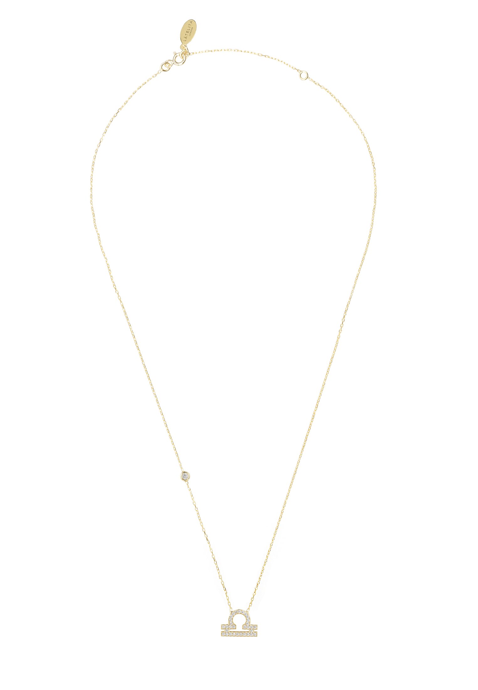 Gold Libra Pendant Necklace made of 925 sterling silver, adorned with white zircons, featuring an adjustable chain.