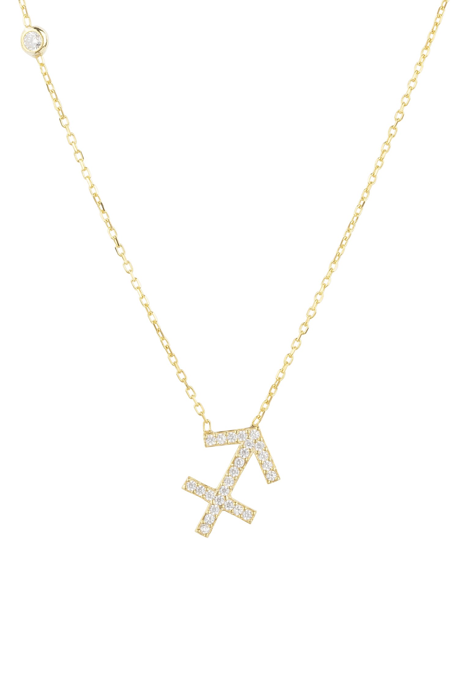 Gold Sagittarius Zodiac Star Sign Pendant Necklace with white zircons on a delicate chain.