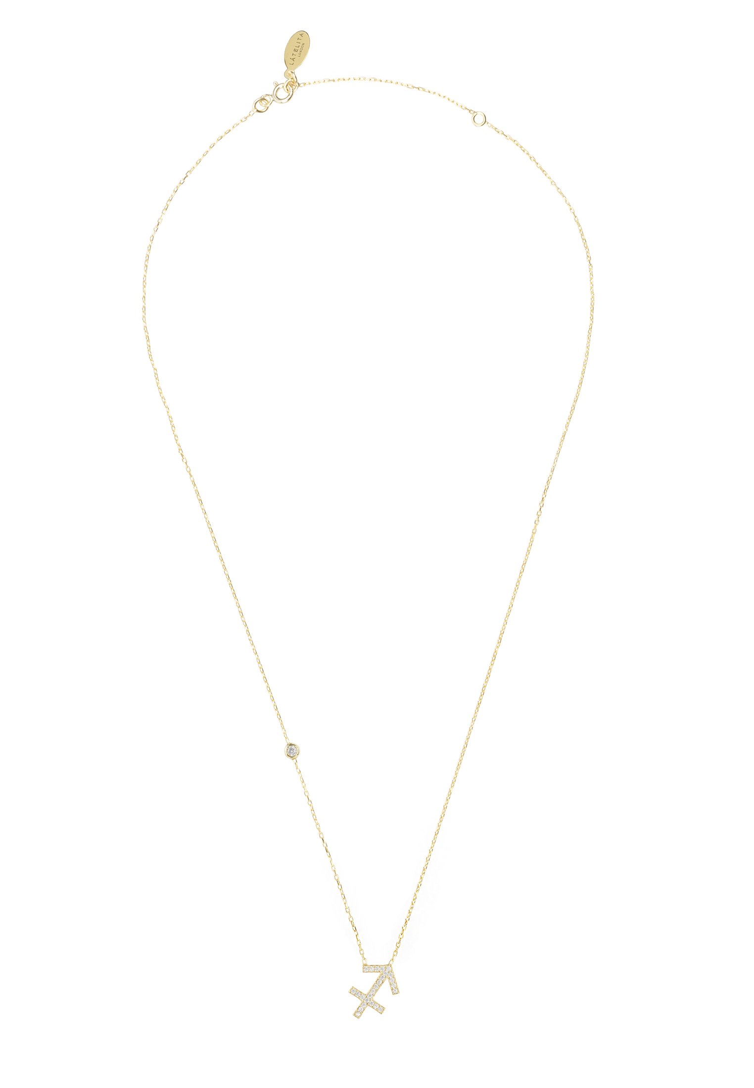 Gold Sagittarius Zodiac Star Sign Pendant Necklace with white zircons on a delicate chain.