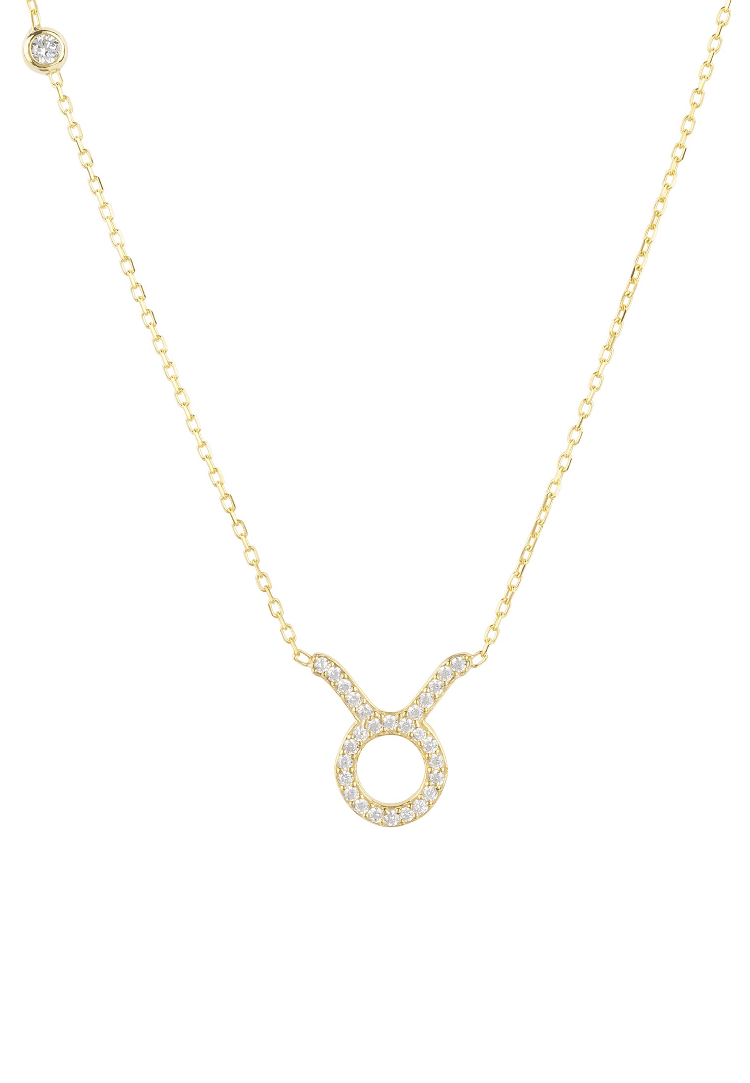 Gold Taurus zodiac pendant necklace made of 925 sterling silver, adorned with white zircons, featuring an adjustable chain.