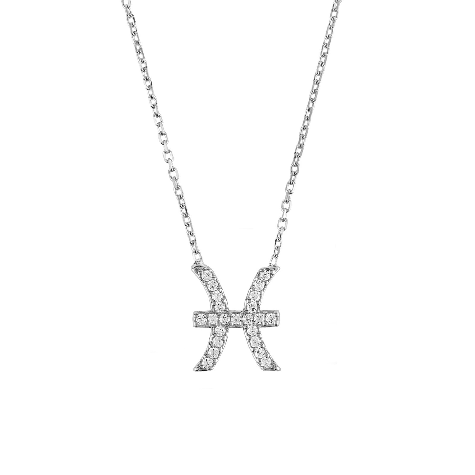 Silver Zodiac Star Sign Pendant Necklace for Pisces with white zircons, displayed elegantly.