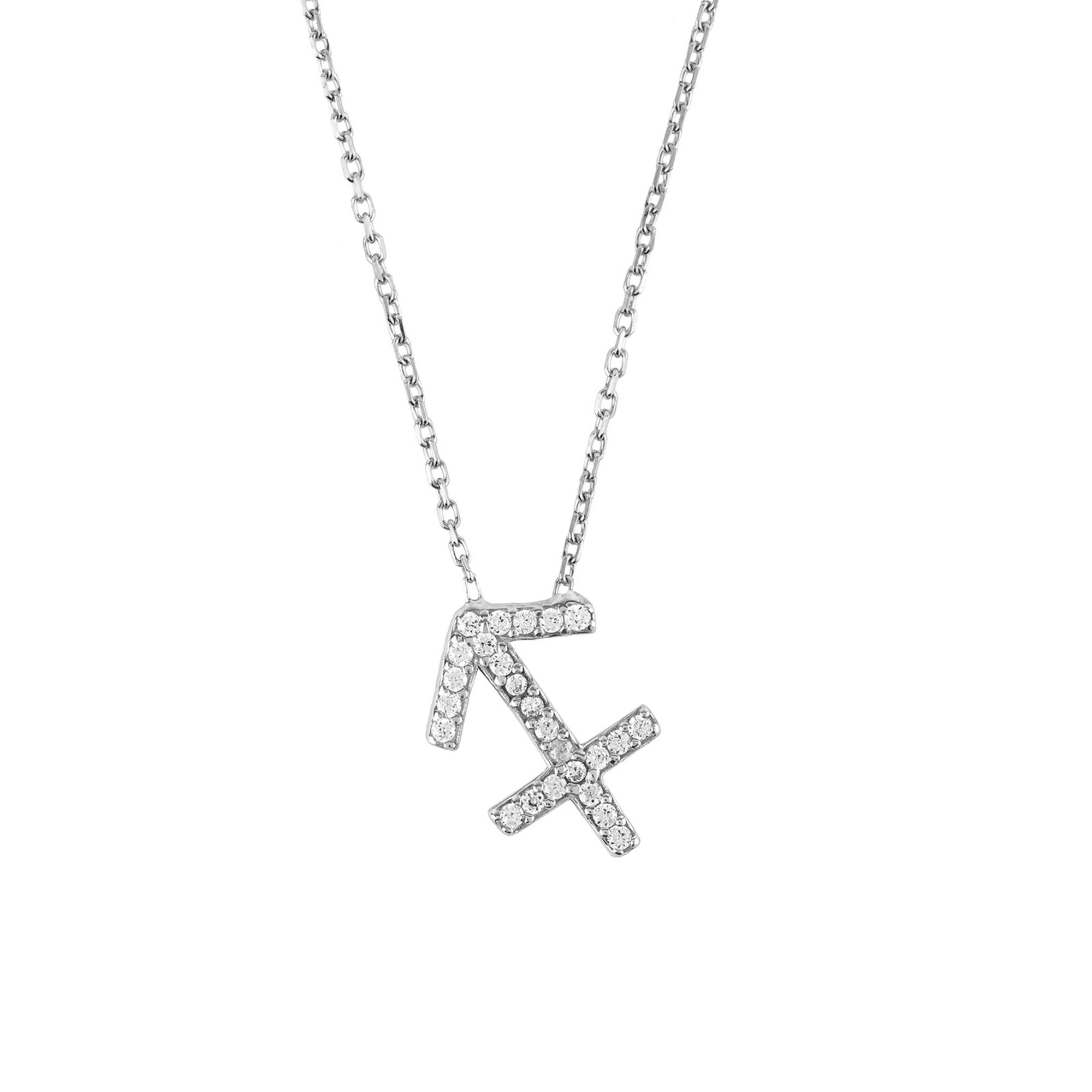 Silver Sagittarius pendant necklace made of 925 sterling silver with white zircons, featuring an adjustable chain and elegant design.