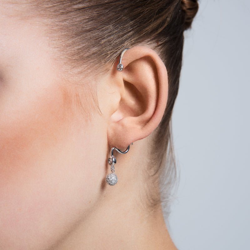 Zoey Silver Ear Cuff Earring featuring a ball drop dangle, crafted from 925 sterling silver with clear CZ crystals.