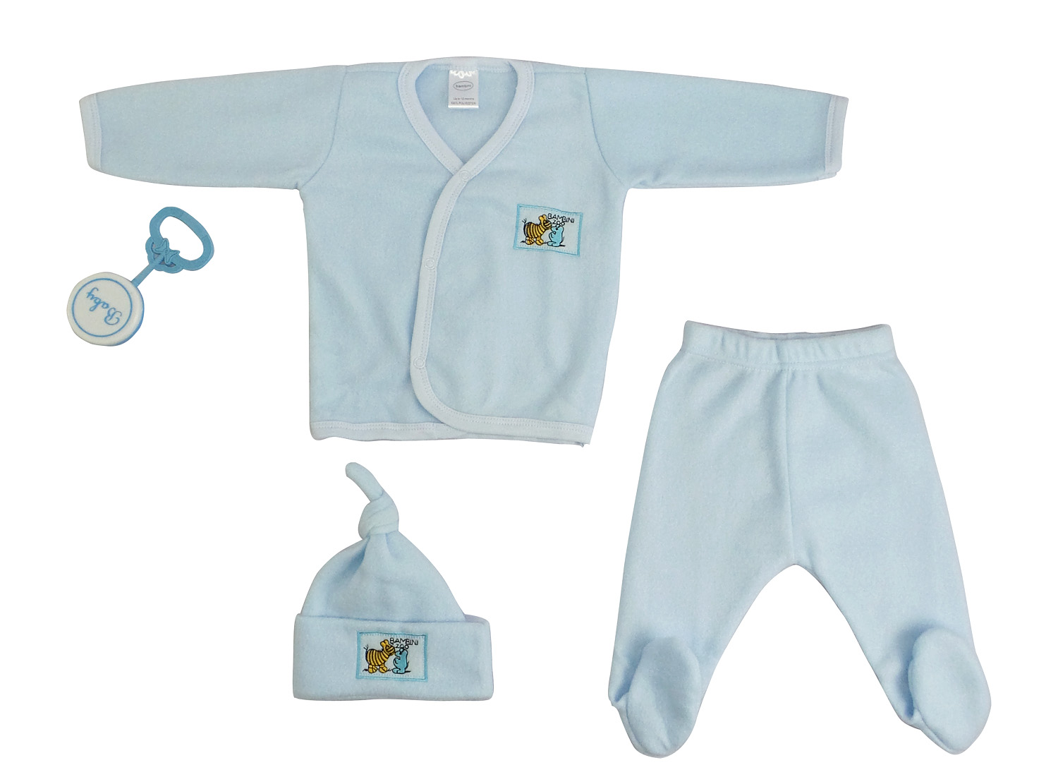 4 Piece Fleece Set in blue for newborns, includes jacket, hat, pants, and rattle, perfect for gifting.