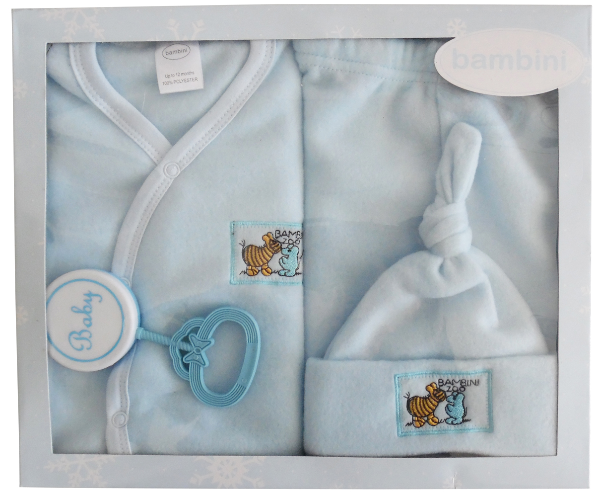 4 Piece Fleece Set in blue for newborns, includes jacket, hat, pants, and rattle, perfect for gifting.