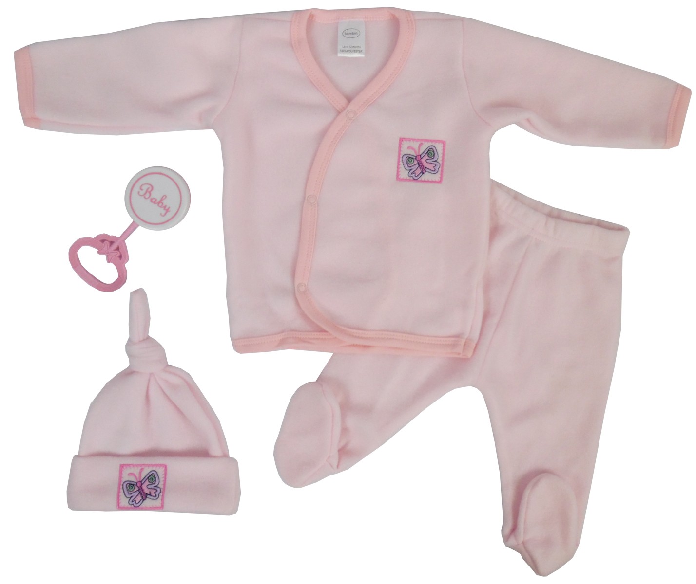 4 Piece Fleece Set in Pink for newborns, including a jacket, hat, pants, and rattle, displayed on a soft surface.