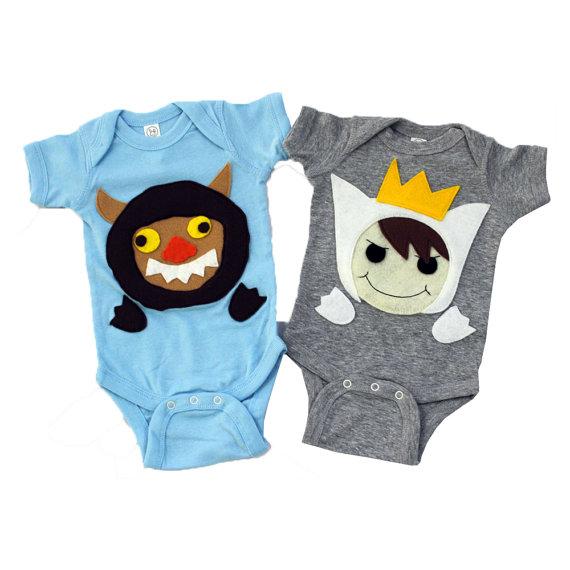 A cute infant bodysuit combo featuring a wild boy and a colorful monster design, perfect for babies.