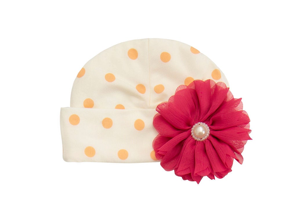 Amber Dreams Cap featuring autumn leaves and polka dot print, designed for baby girls.