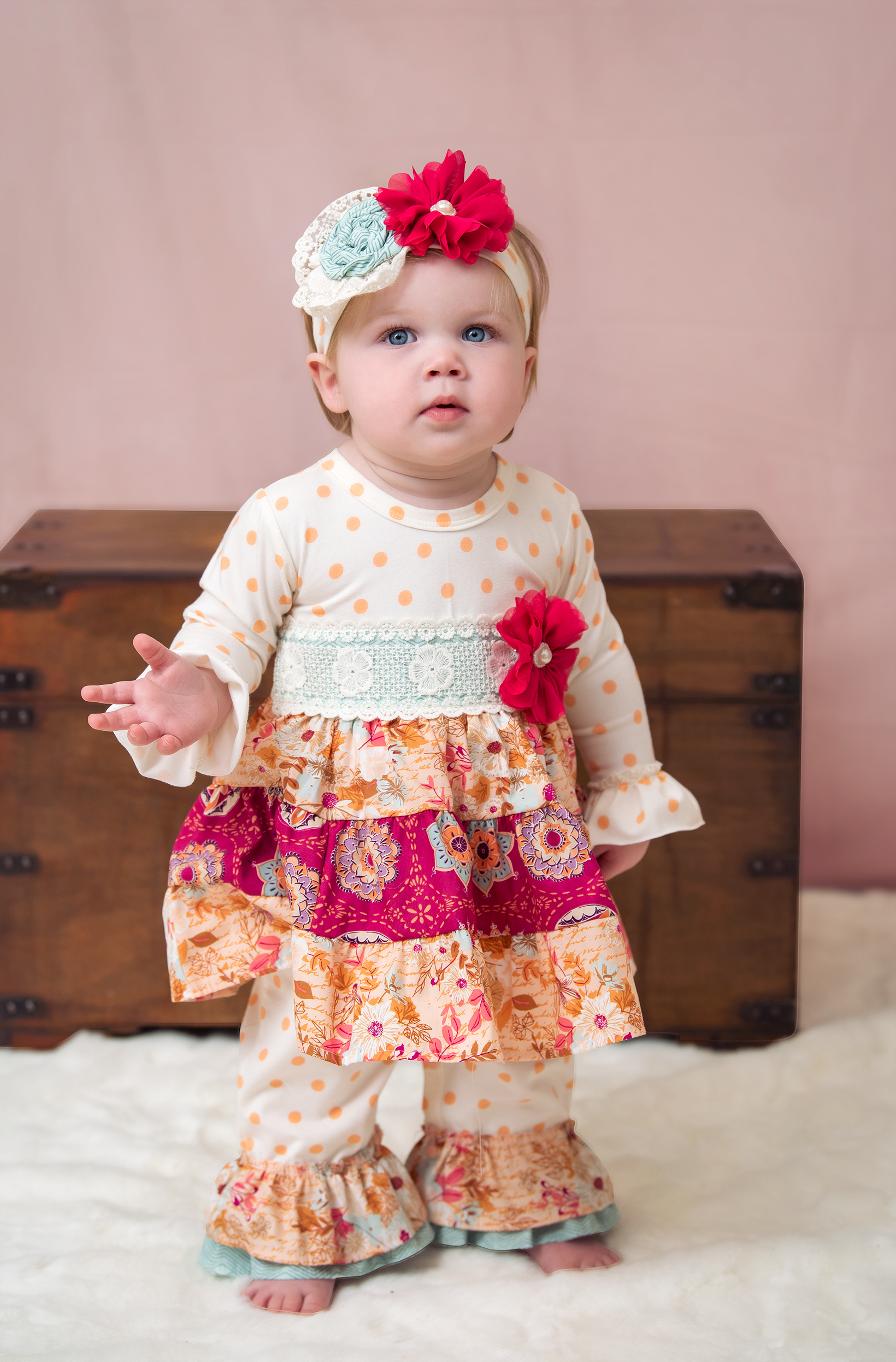 Amber Dreams Headband featuring autumn leaves and polka dot print, perfect for little girls.