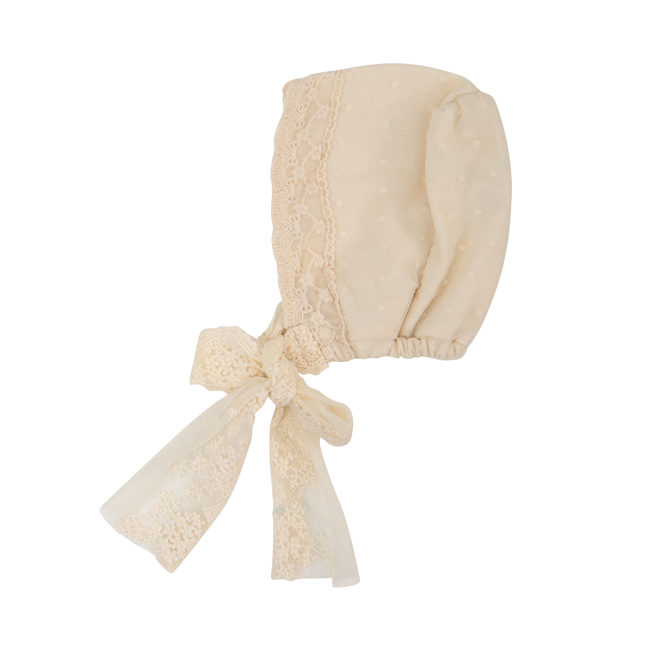 Amelia Bonnet in mustard color featuring soft yellow fabric and delicate lace detailing, perfect for stylish occasions.