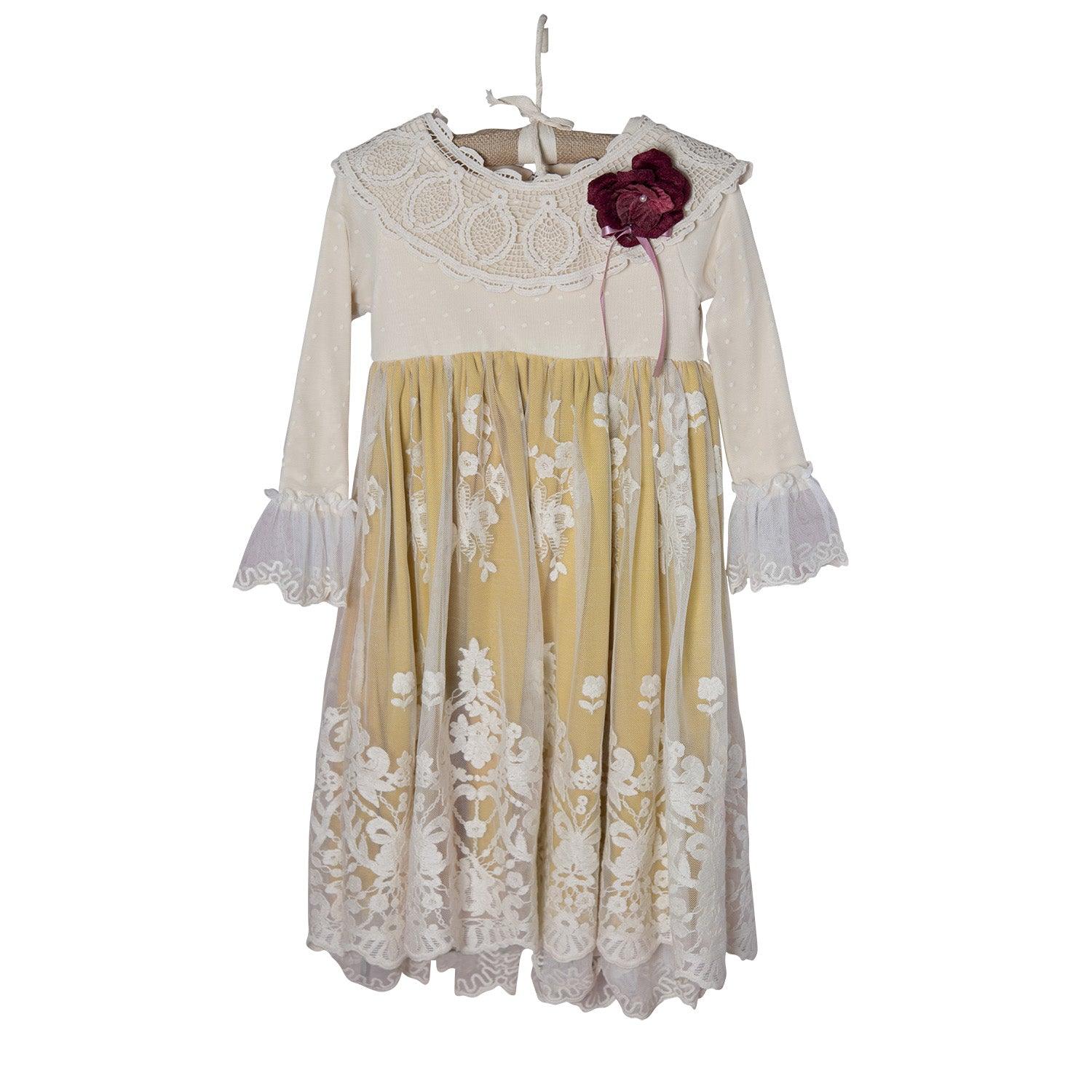 A stylish mustard yellow dress with lace detailing, perfect for various occasions.