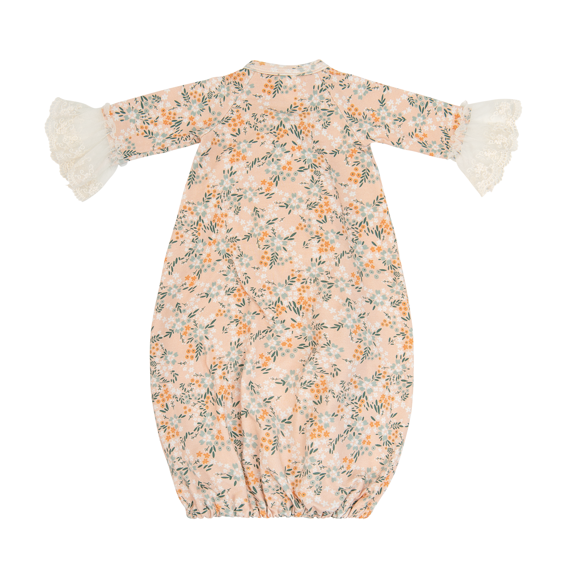 Avas Garden Gown featuring pastel orange fabric and intricate lace detailing, perfect for garden parties and special occasions.