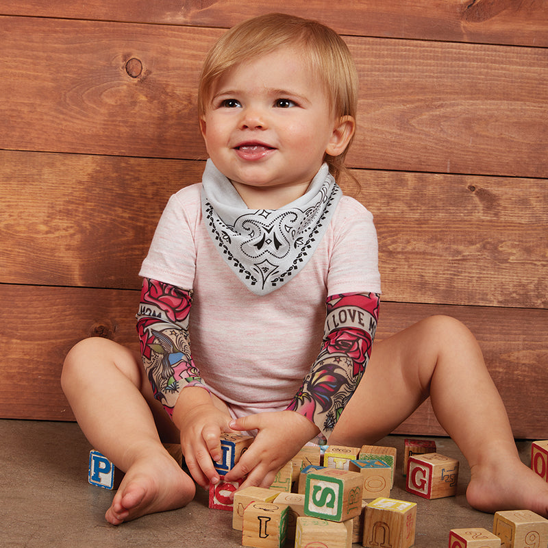 Gray and white baby bandana bib and burp pad set, featuring soft cotton and terry material, perfect for infants aged 3-12 months.