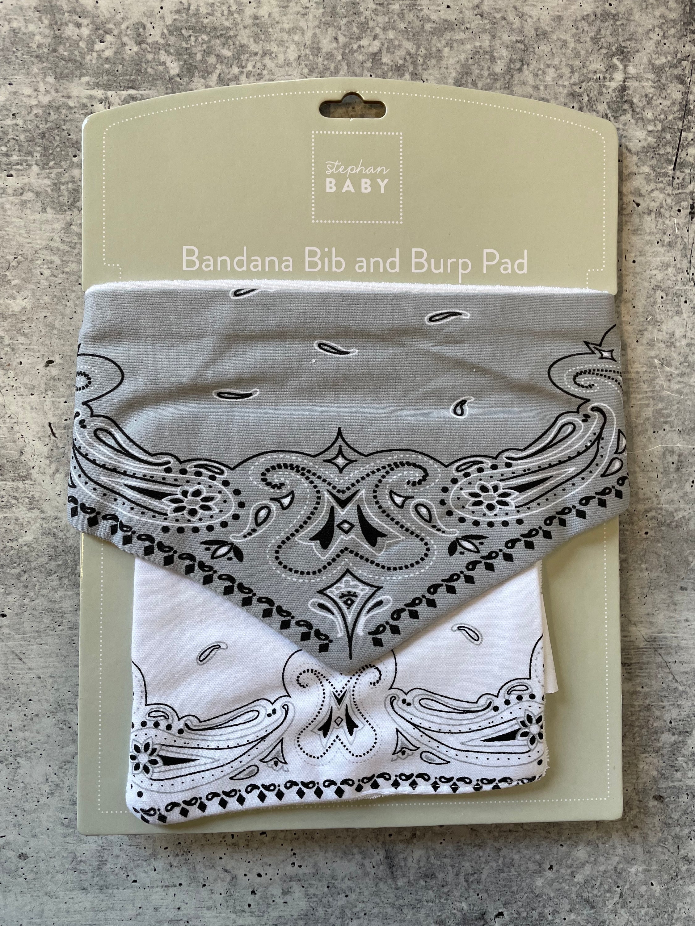 Gray and white baby bandana bib and burp pad set, featuring soft cotton and terry material, perfect for infants aged 3-12 months.