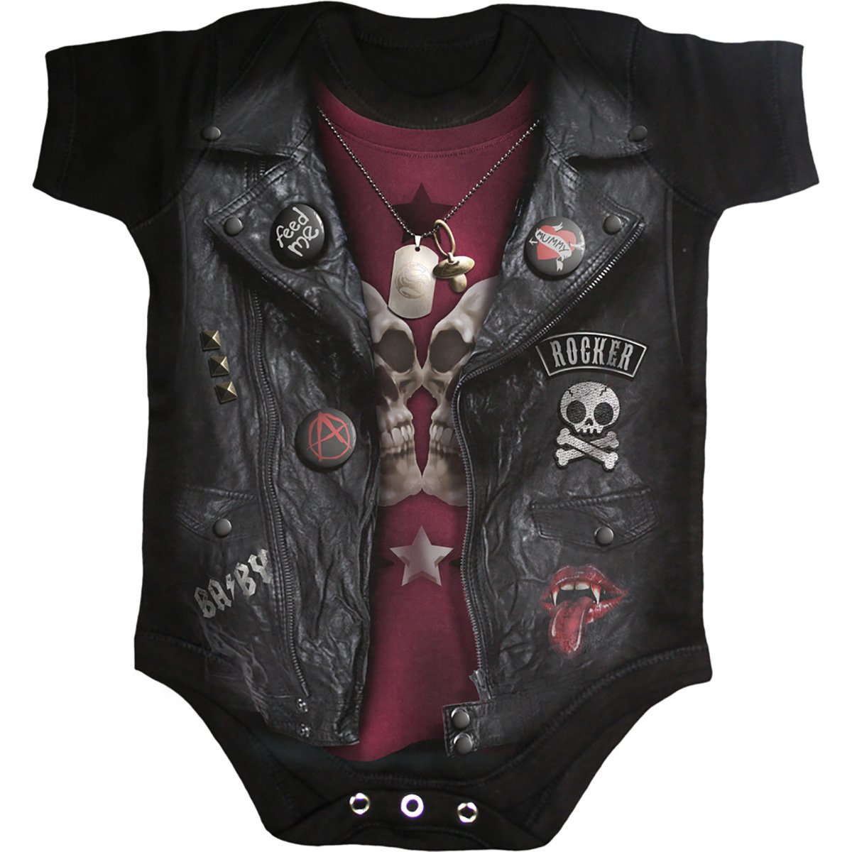 Black baby sleepsuit with biker design, featuring faux leather waistcoat and patches.