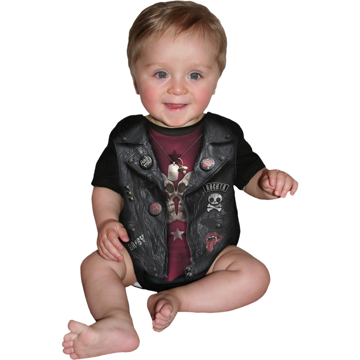 Black baby sleepsuit with biker design, featuring faux leather waistcoat and patches.