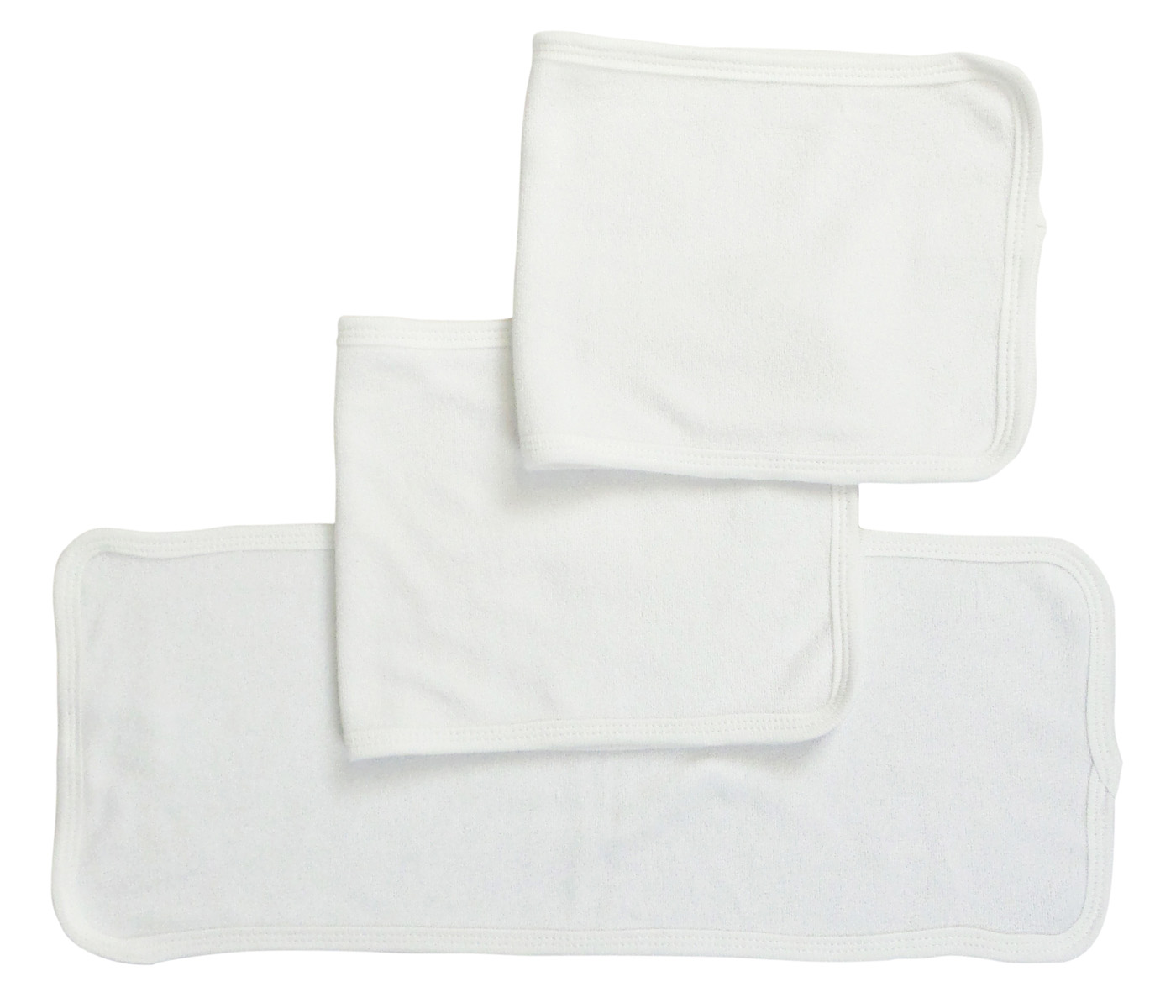 Pack of 3 Baby Burpcloths with White Trim, showcasing soft fabric and Velcro closure.