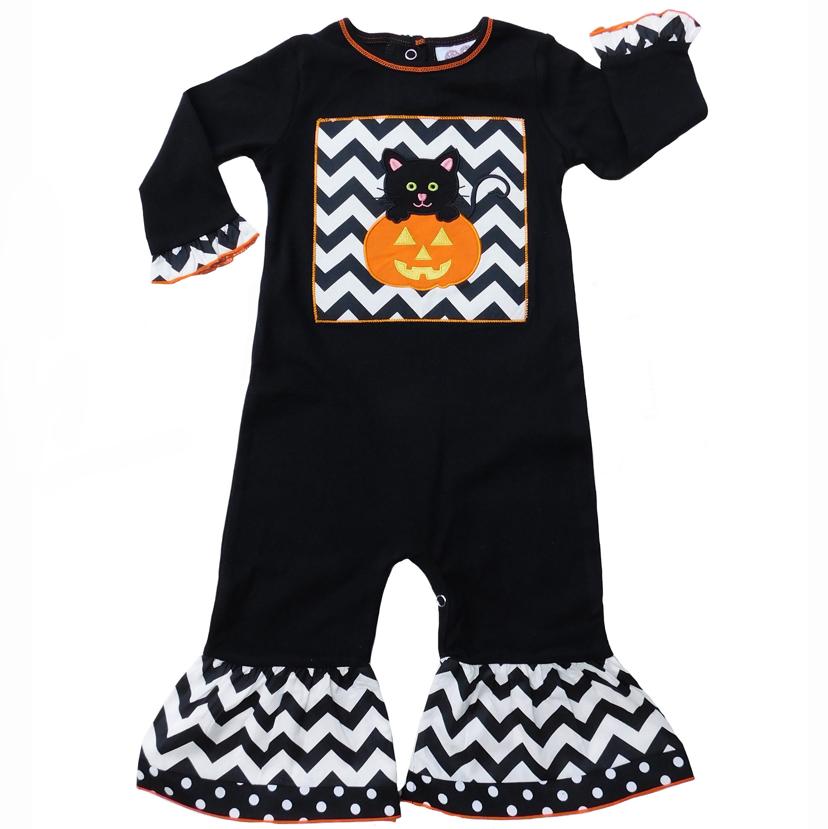 Baby girls black and white Halloween romper featuring a black cat in a pumpkin design with chevron ruffles.