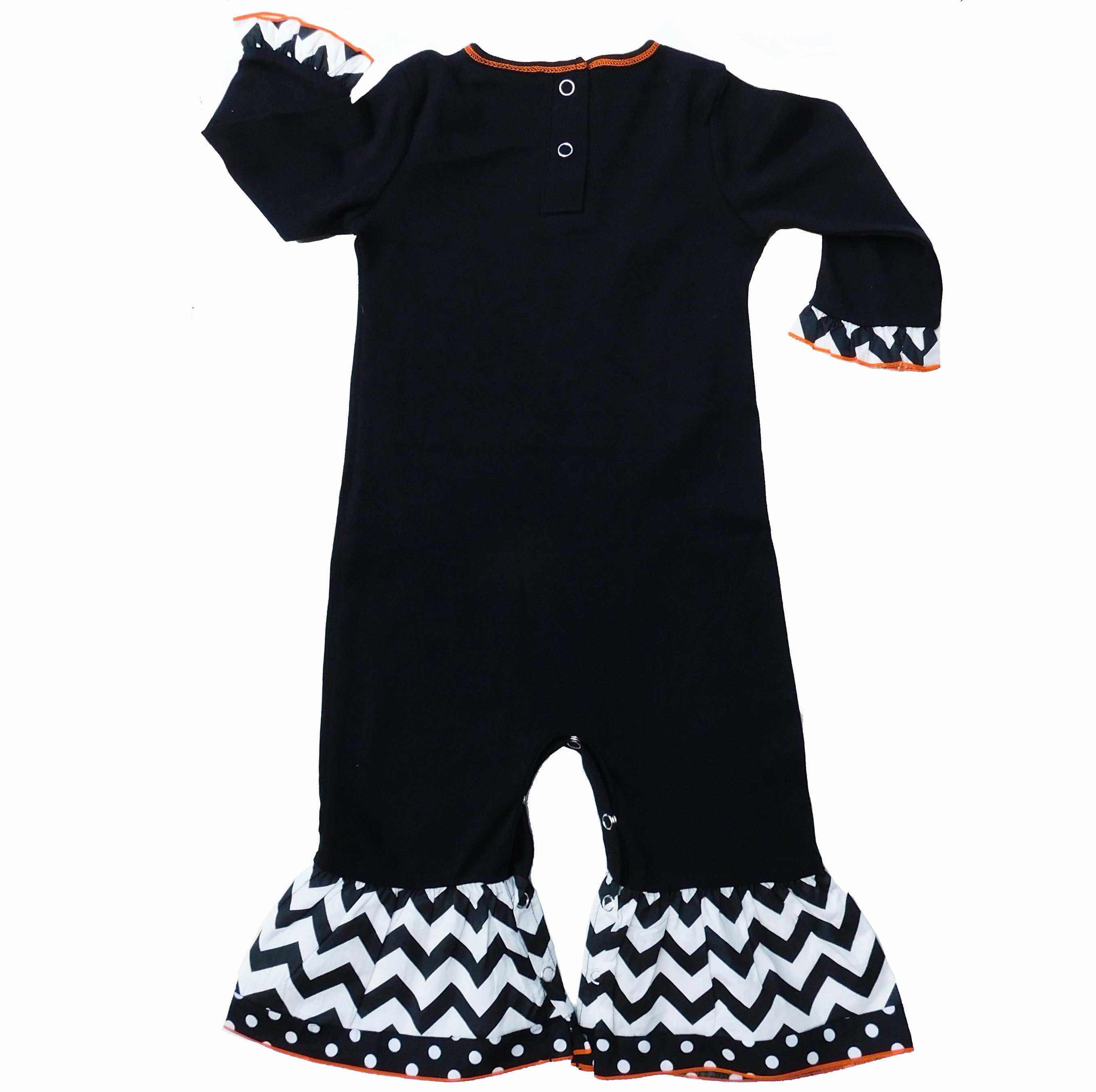 Baby girls black and white Halloween romper featuring a black cat in a pumpkin design with chevron ruffles.