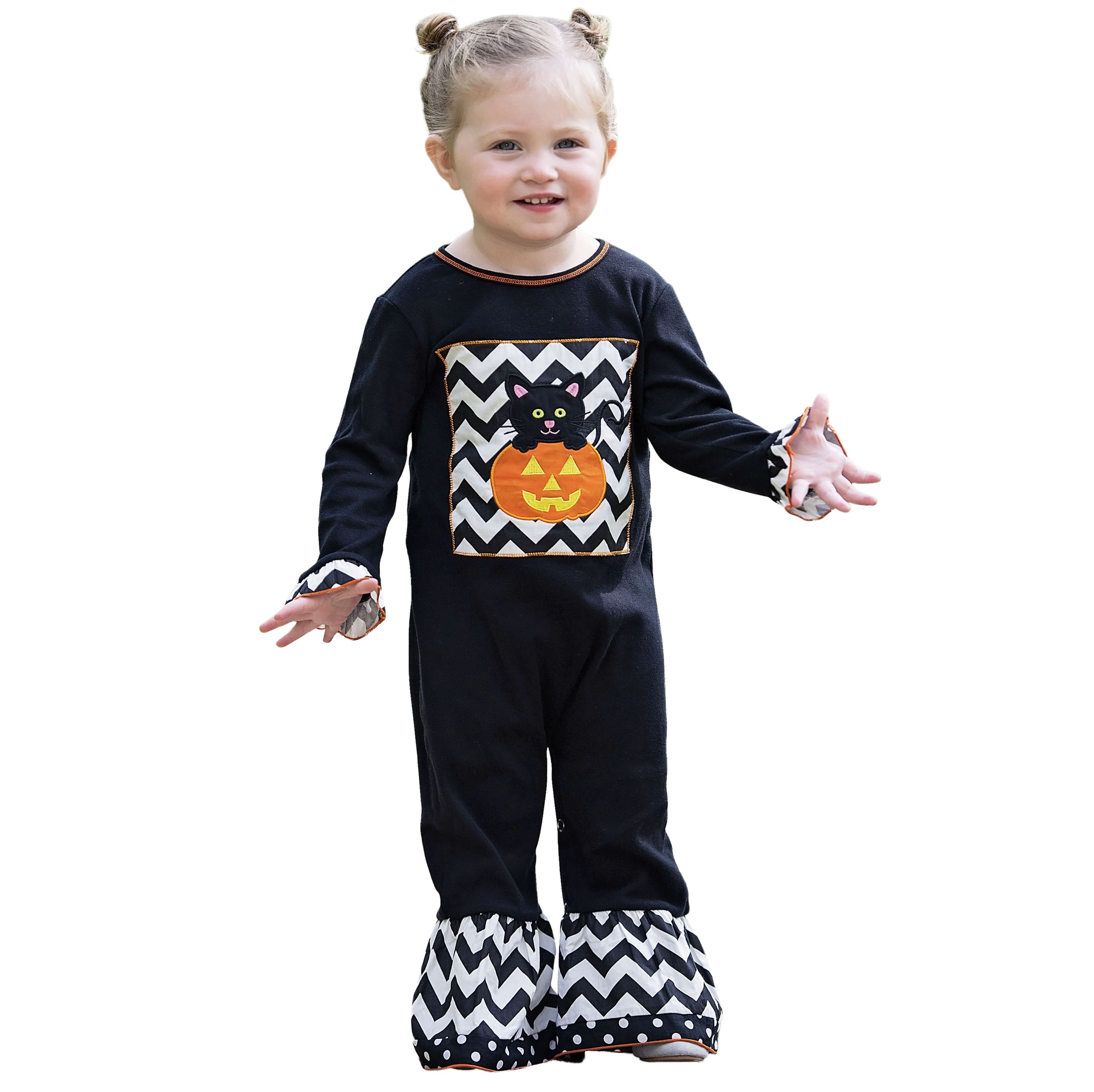 Baby girls black and white Halloween romper featuring a black cat in a pumpkin design with chevron ruffles.