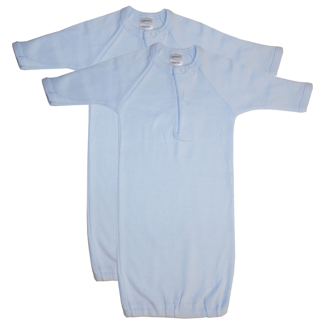 Two blue preemie infant gowns with long sleeves and mitten cuffs, made from soft cotton fabric, designed for newborn boys.