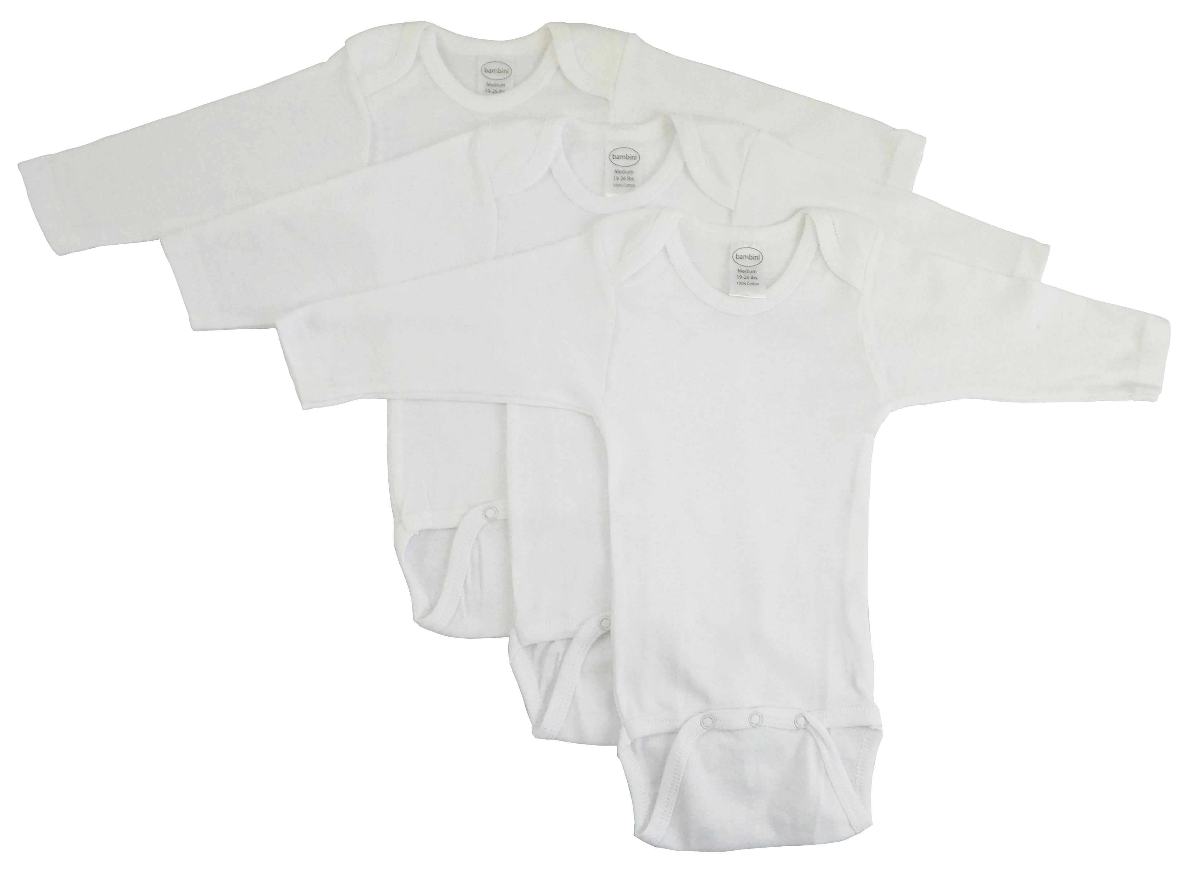 Bambini Long Sleeve White Onezie 3 Pack featuring soft cotton fabric, expandable neckline, and snap closure for easy dressing.