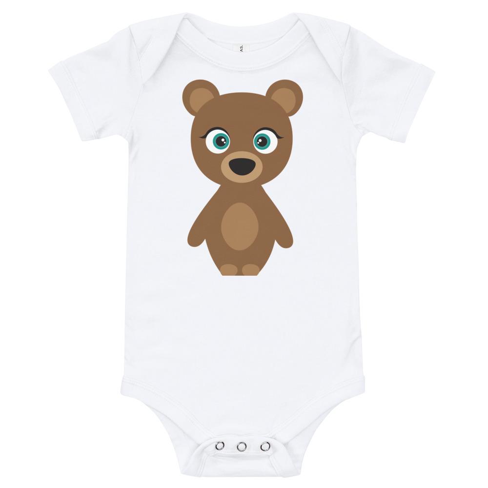 A soft cotton Bear Kritter Onesie featuring a bear design, comfortable envelope neckline, and three snap leg closure, perfect for infants.