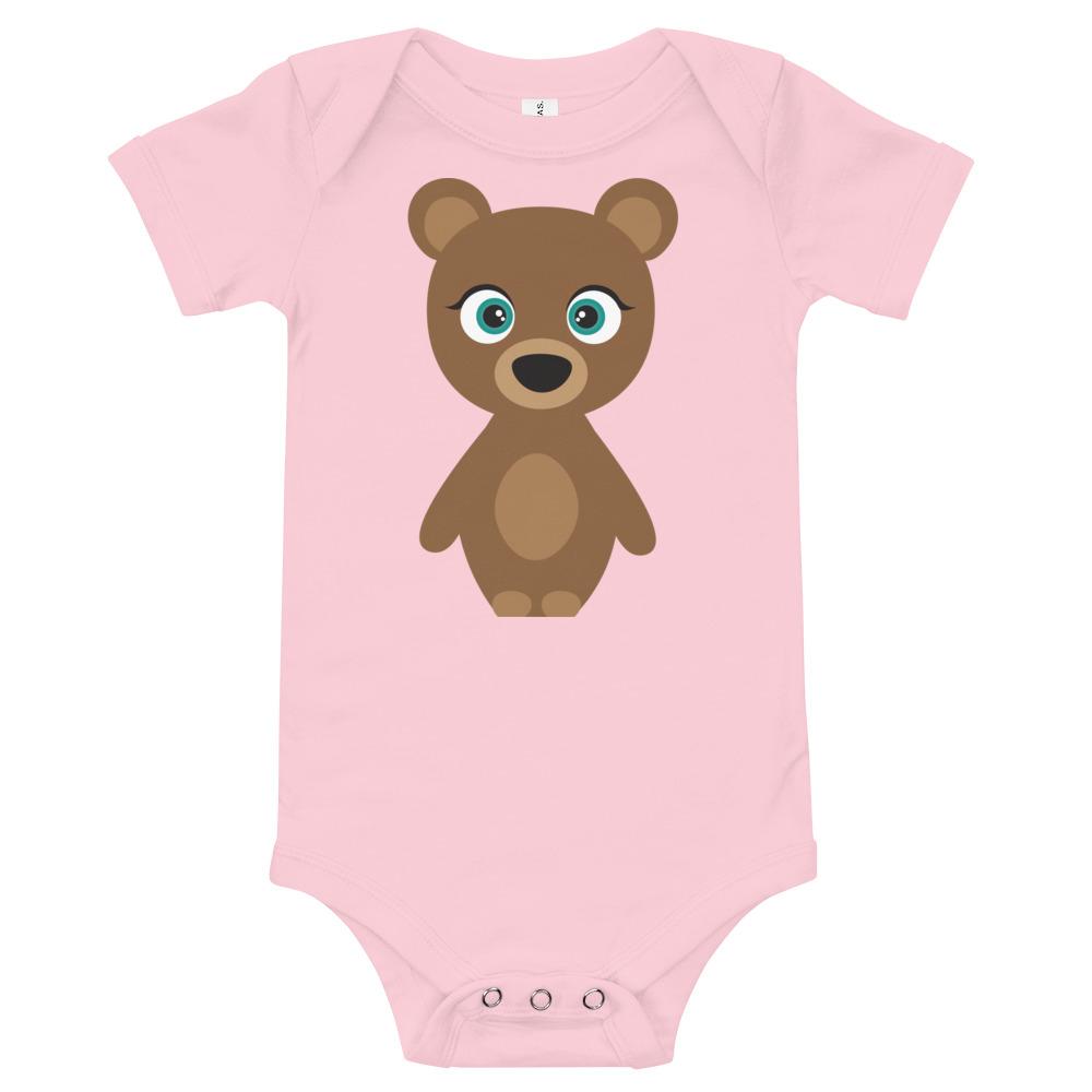 A soft cotton Bear Kritter Onesie featuring a bear design, comfortable envelope neckline, and three snap leg closure, perfect for infants.