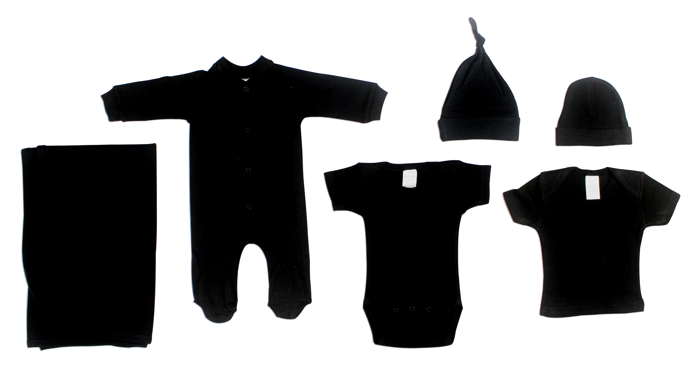 Black 6 Piece Layette Set featuring soft cotton fabric, expandable neckline, and convenient snap closures for newborns.