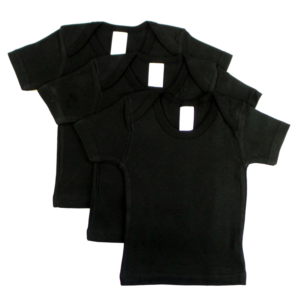 Three black short sleeve lap shirts made of 100% cotton, perfect for infants, displayed together.