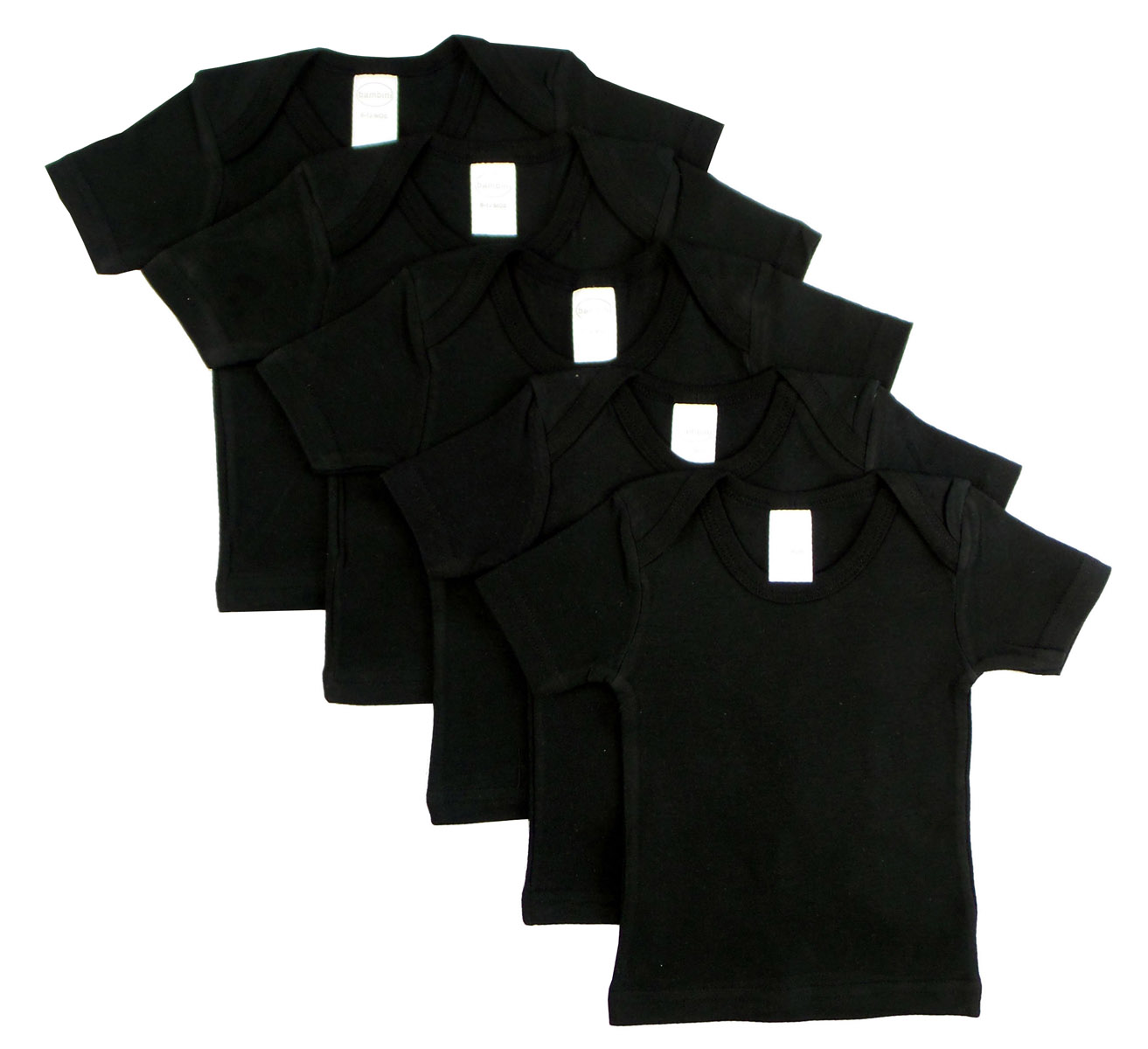 A pack of five black short sleeve lap shirts for infants, showcasing their soft cotton fabric and stylish design.