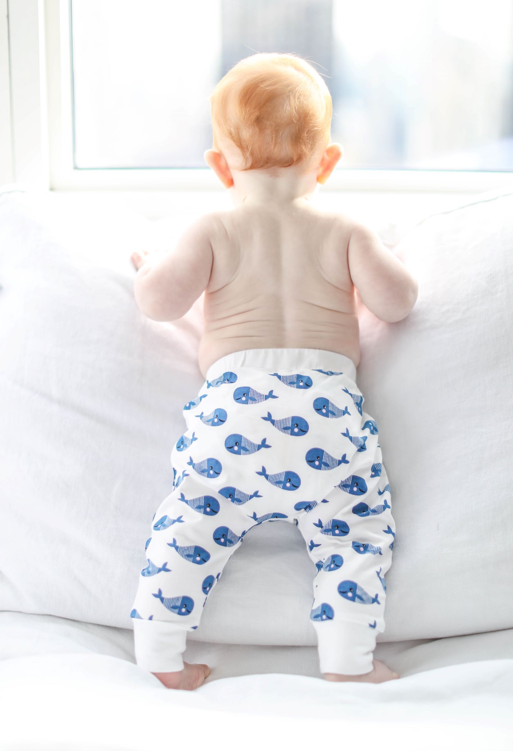 Boo Boo Harem Pants in Blue Whale design, featuring organic cotton and spandex for baby comfort.