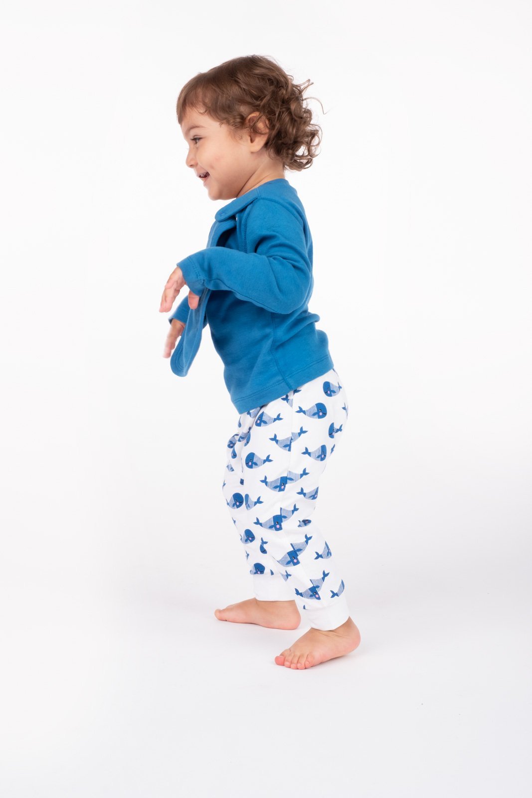 Boo Boo Harem Pants in Blue Whale design, featuring organic cotton and spandex for baby comfort.