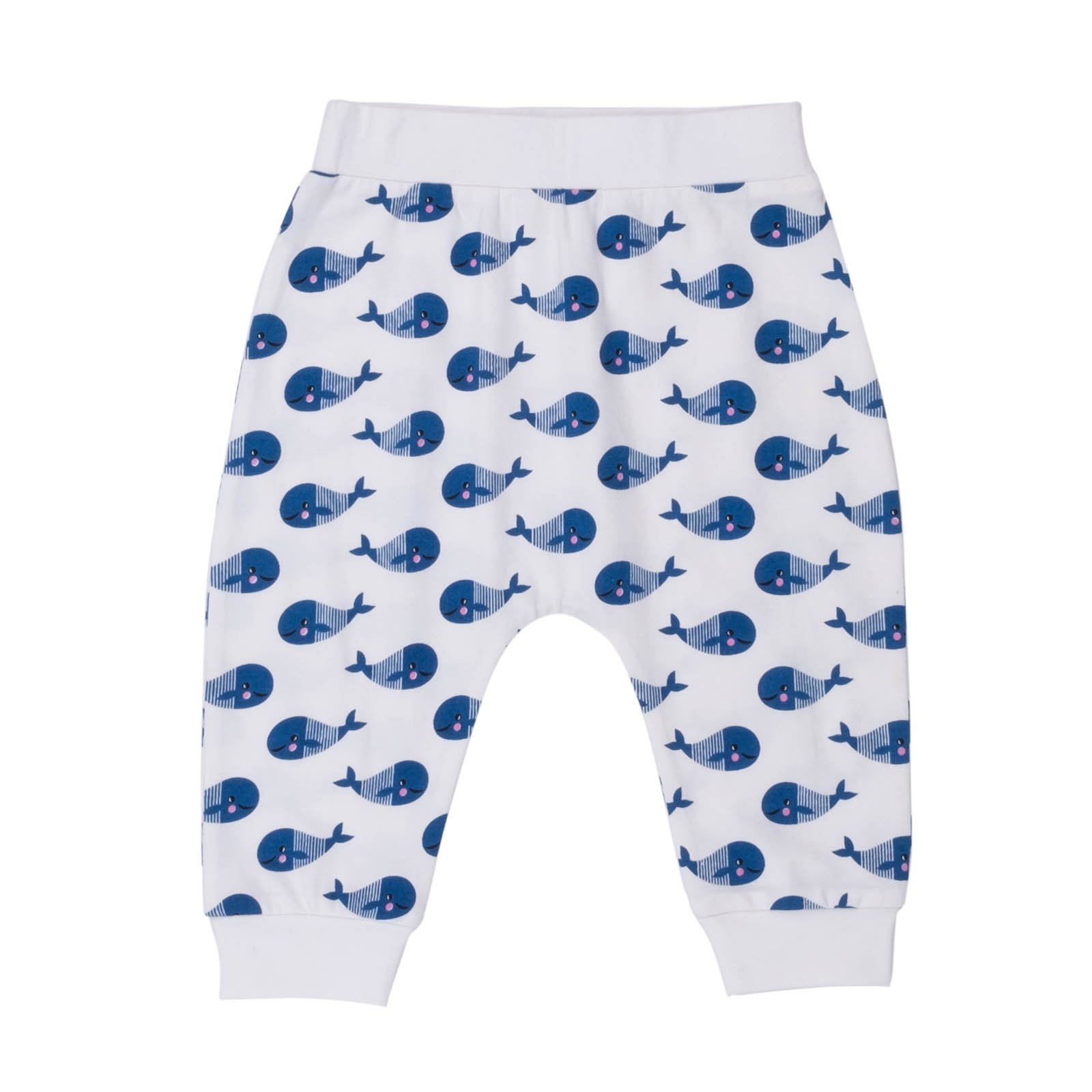 Boo Boo Harem Pants in Blue Whale design, featuring organic cotton and spandex for baby comfort.