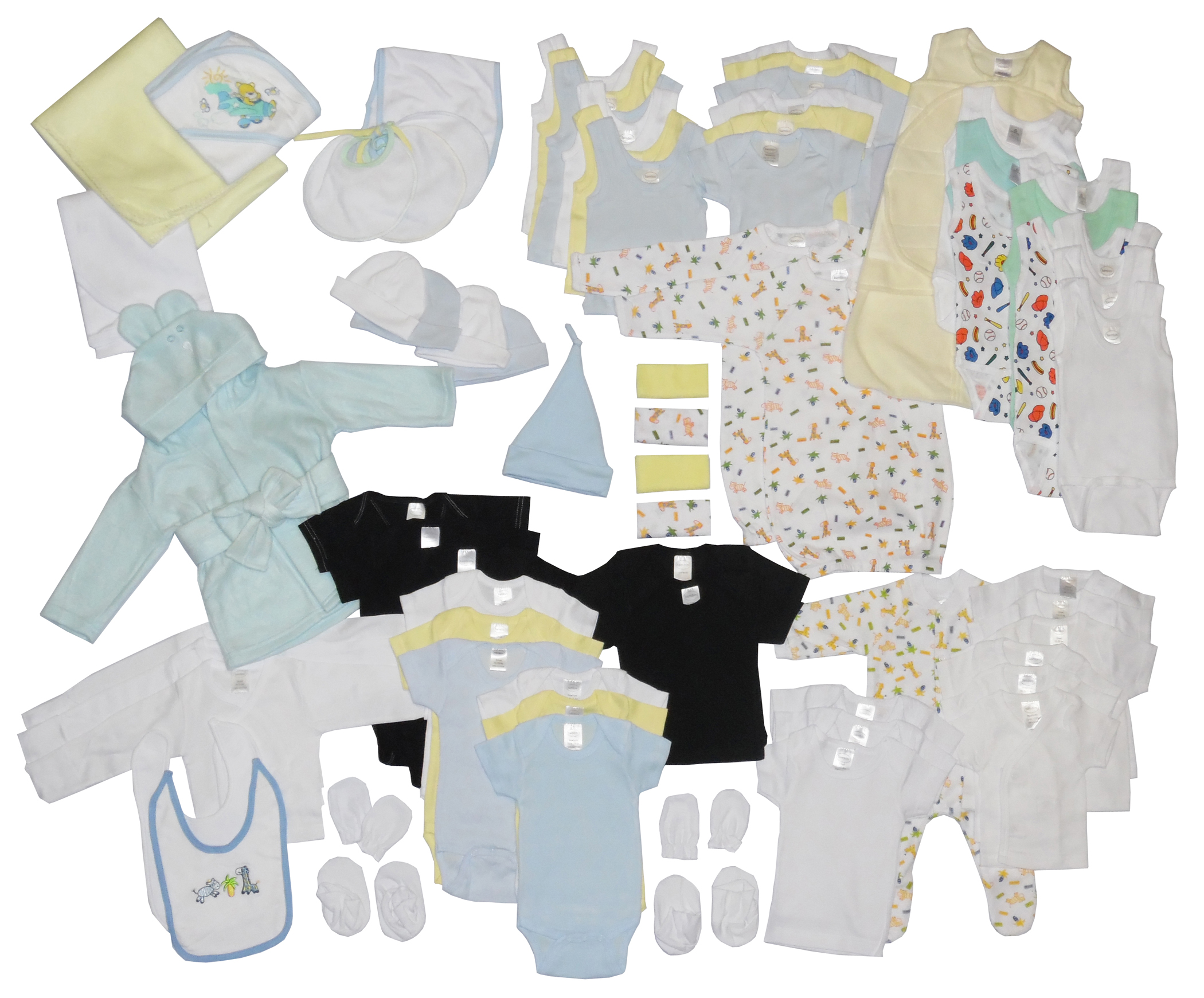 72 Piece Baby Starter Set Box containing various baby essentials including clothing, blankets, and safety brochures.