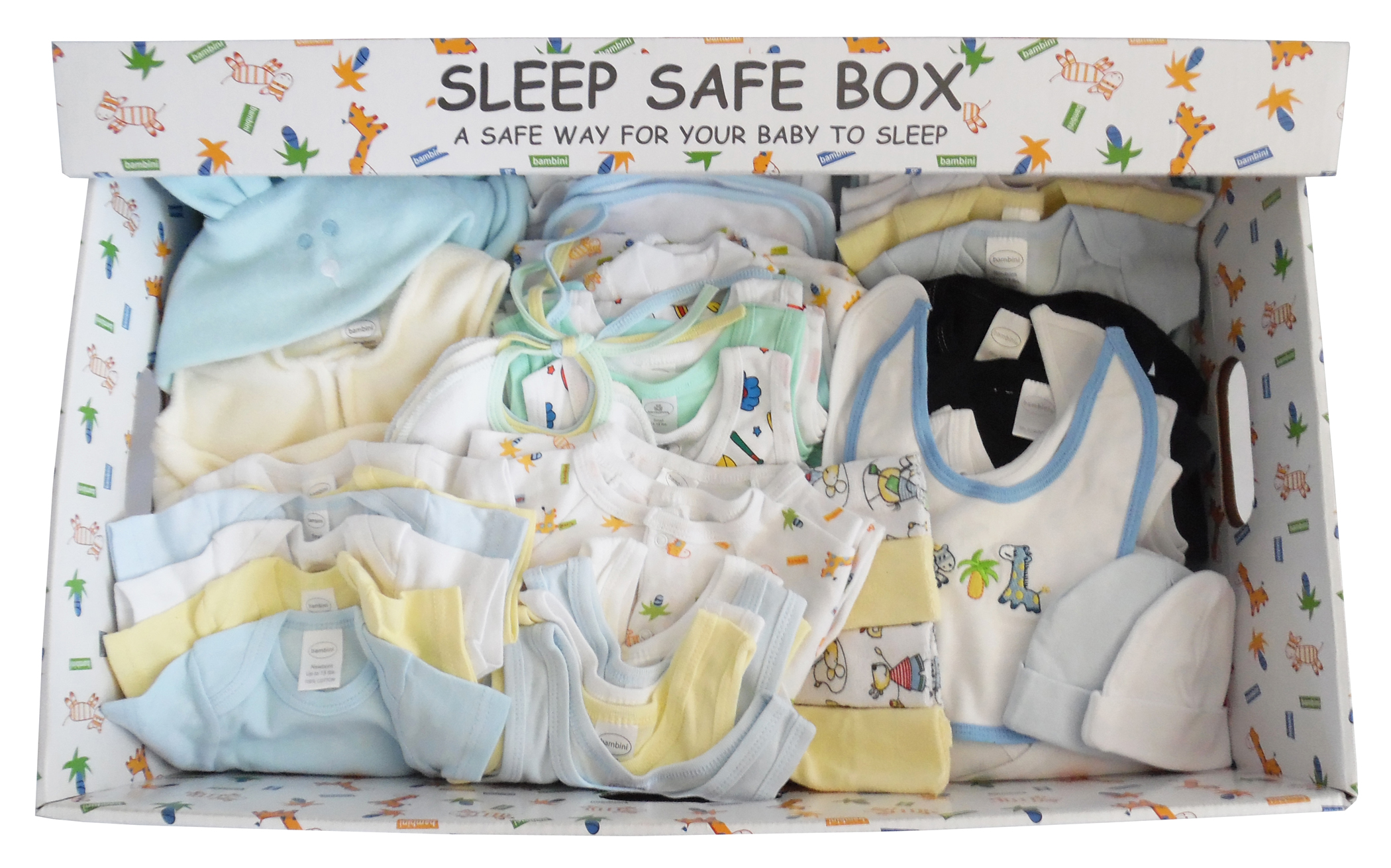 72 Piece Baby Starter Set Box containing various baby essentials including clothing, blankets, and safety brochures.