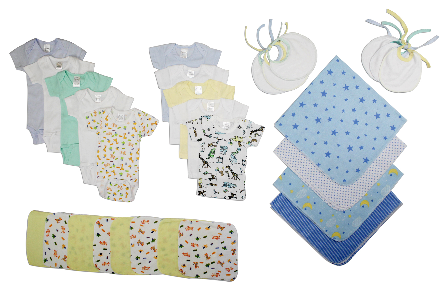 Boys' 28 Piece Layette Set featuring soft cotton onesies and essential baby clothing items in various colors and patterns.