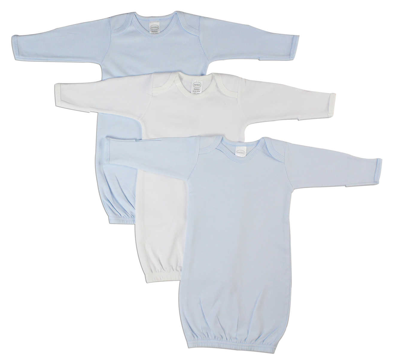 Boys' 3 Piece Layette Set featuring a soft blue infant gown made from 100% cotton, designed for comfort and easy dressing.