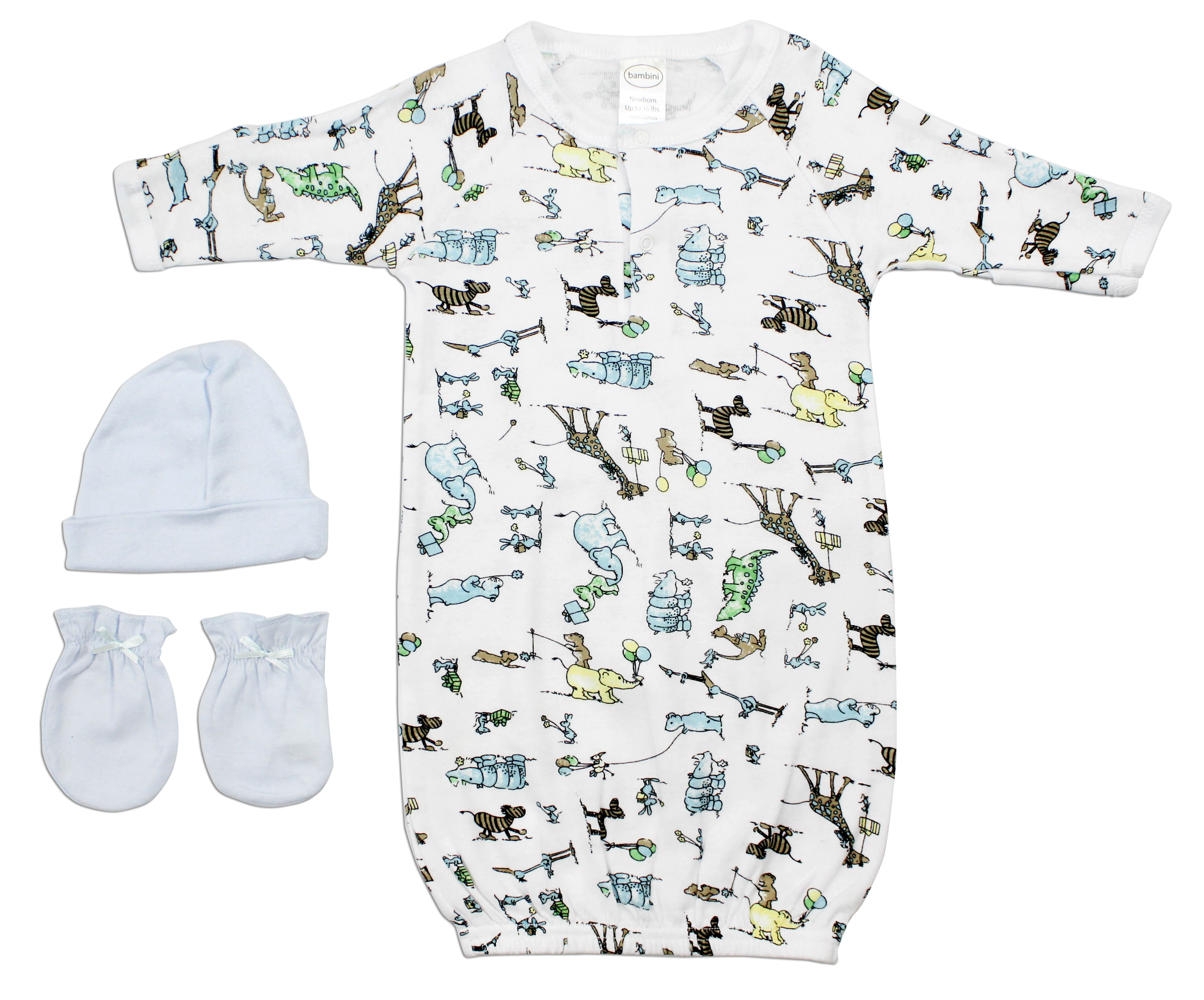 Boys' 3 Piece Layette Set featuring soft cotton fabric, expandable neckline, and front snap closure, ideal for newborn comfort.