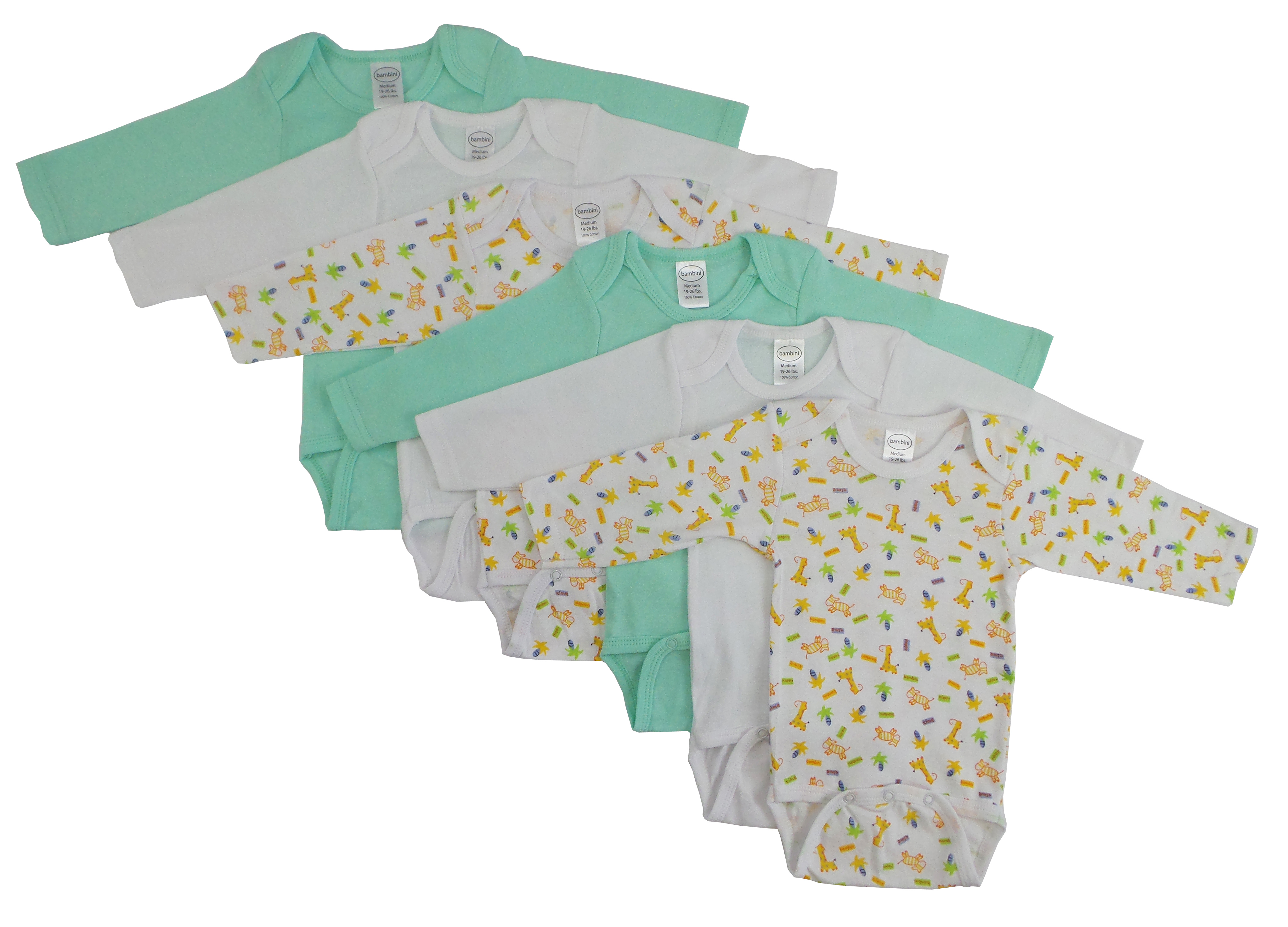 A colorful assortment of boys' long sleeve printed onesies in various fun patterns, made from soft cotton fabric.