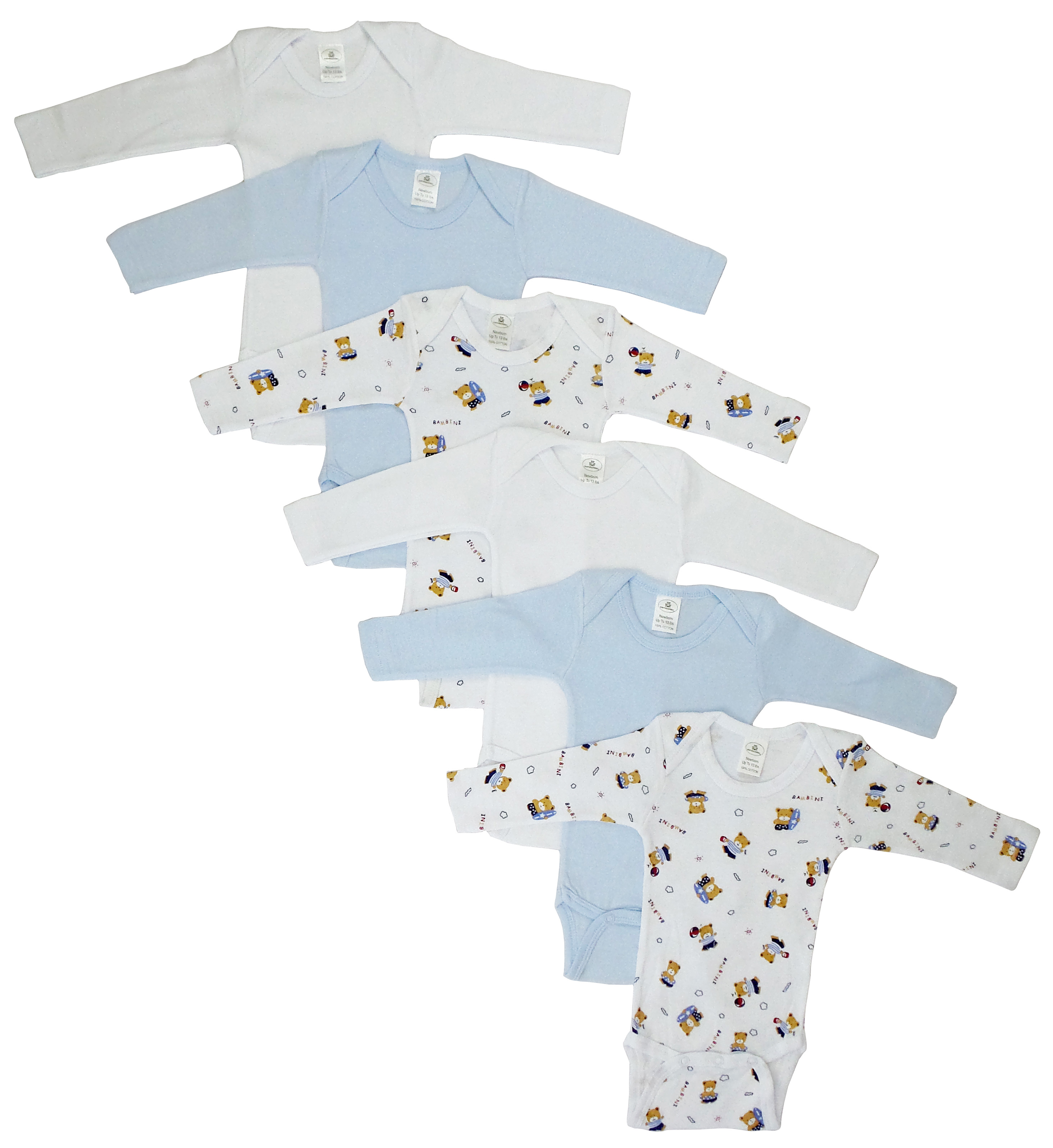 A colorful assortment of boys' long sleeve printed onesies in various fun patterns, showcasing their soft cotton fabric and expandable neckline.