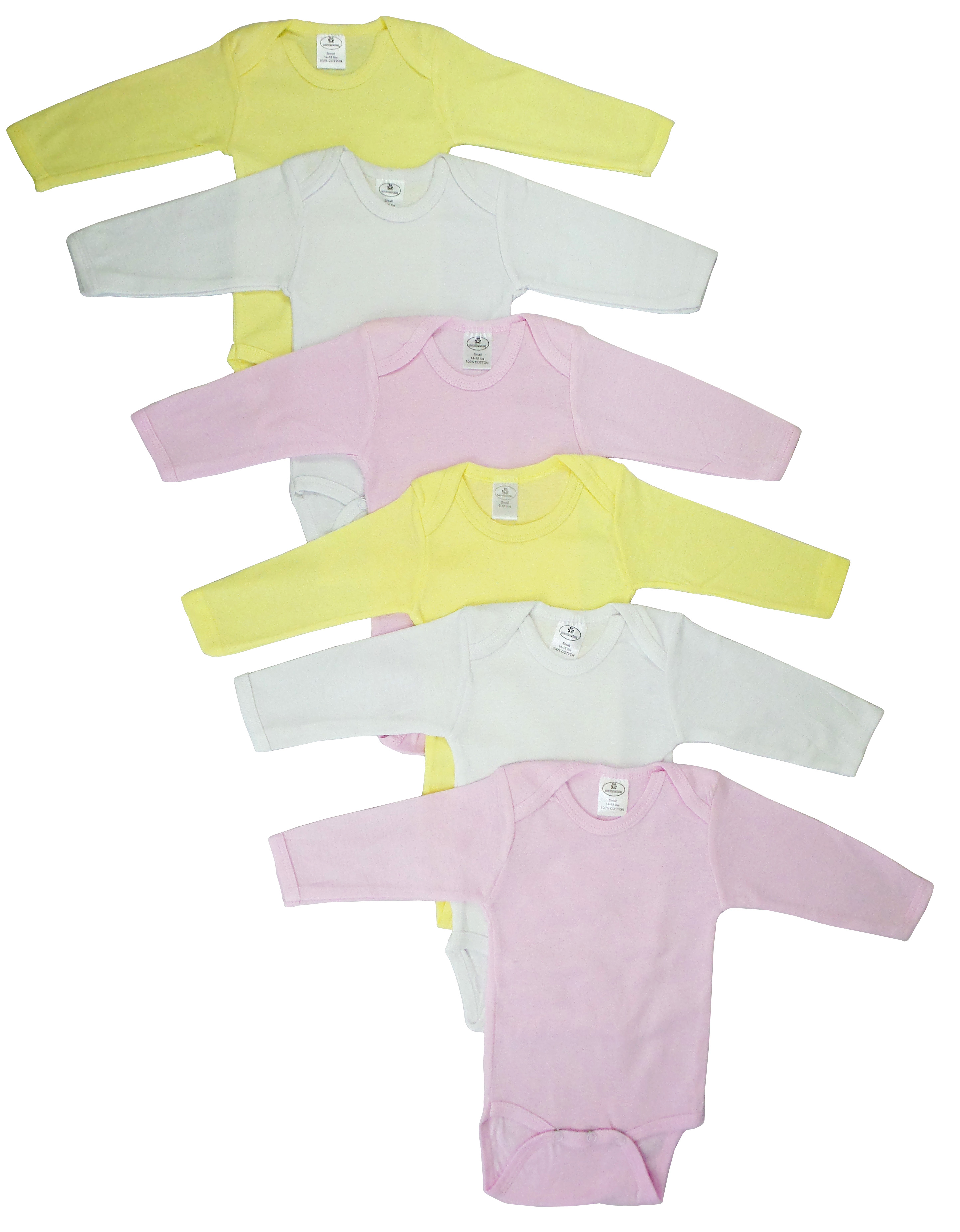 A pack of six boys' pastel long sleeve onezies, showcasing soft cotton fabric in various pastel colors, perfect for spring outfits.