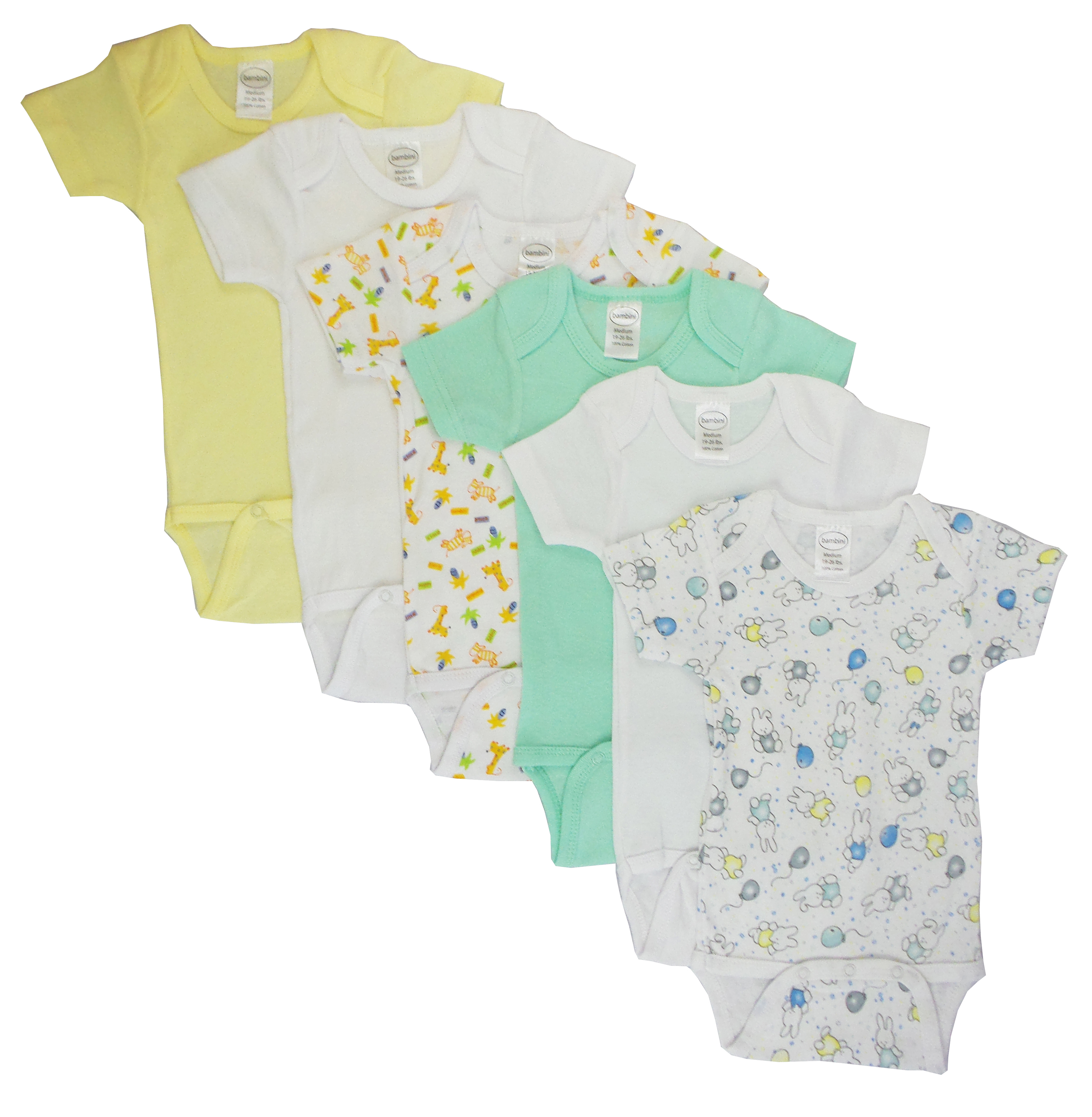 A colorful assortment of boys' short sleeve onesies in various fun prints, made from 100% cotton rib knit fabric.